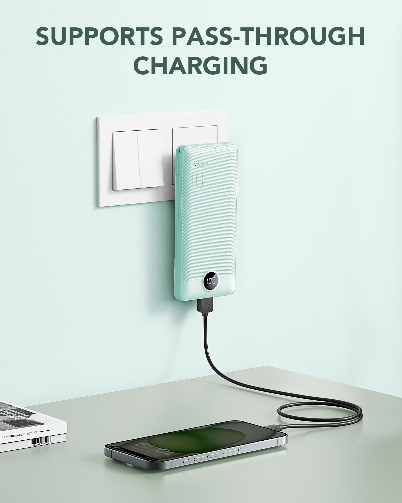 VRURC Portable Charger Built-in Cables and AC Wall Plug, USB C Po by VRURC - Angle View 2