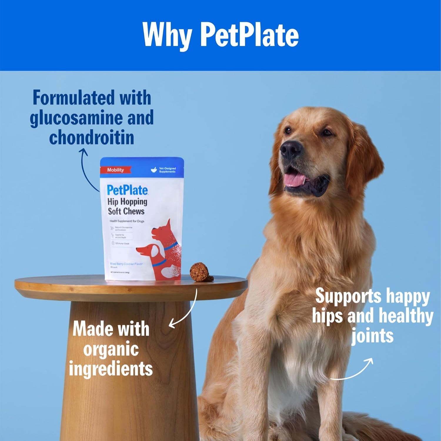 Elefair PetPlate Hip Hopping Soft Chews for dogs, hip and joint supplement, close-up of dog treats in a package