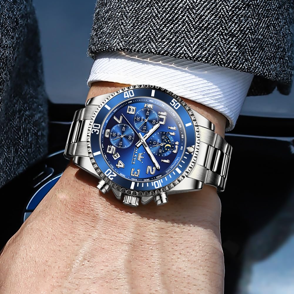 OLEVS Men's Silver & Blue Chronograph Dress Watch 43mm Quartz