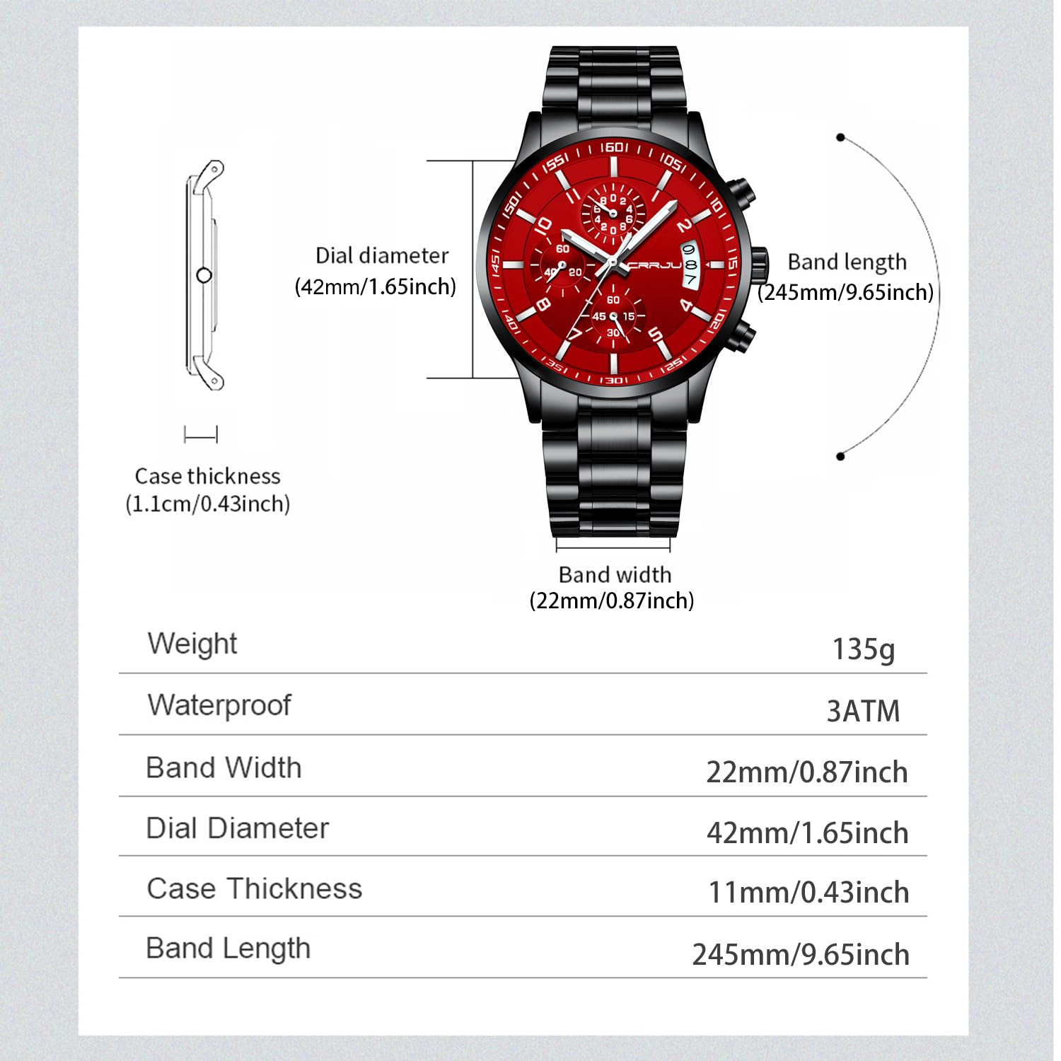 CRRJU Men's Fashion Stainless Steel Watches Date Waterproof Chronograp - View 7