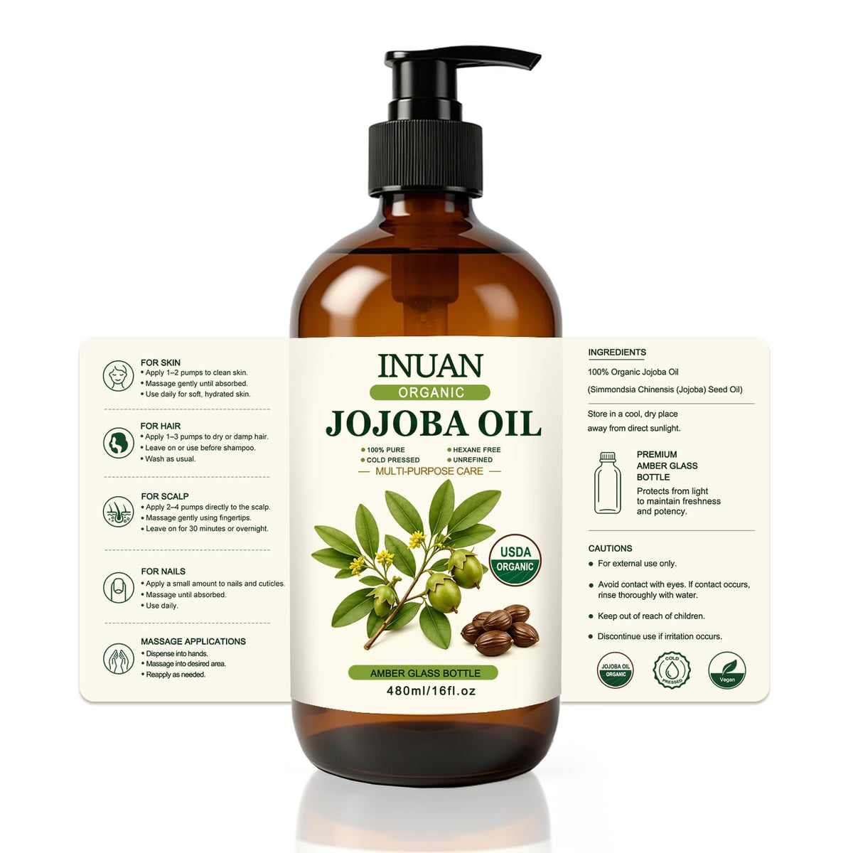 Organic Jojoba Oil USDA Certified Cold Pressed for Skin Hair - INUAN Official Imagery - 3