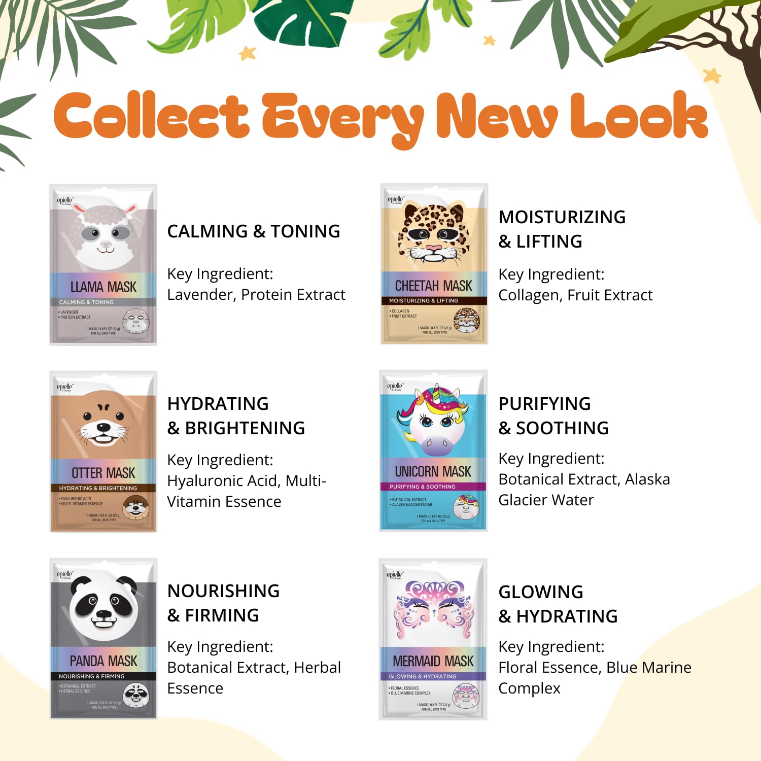 Epielle Character Face Mask Mystical Safari 6 Pack, Fun &amp; - Epielle