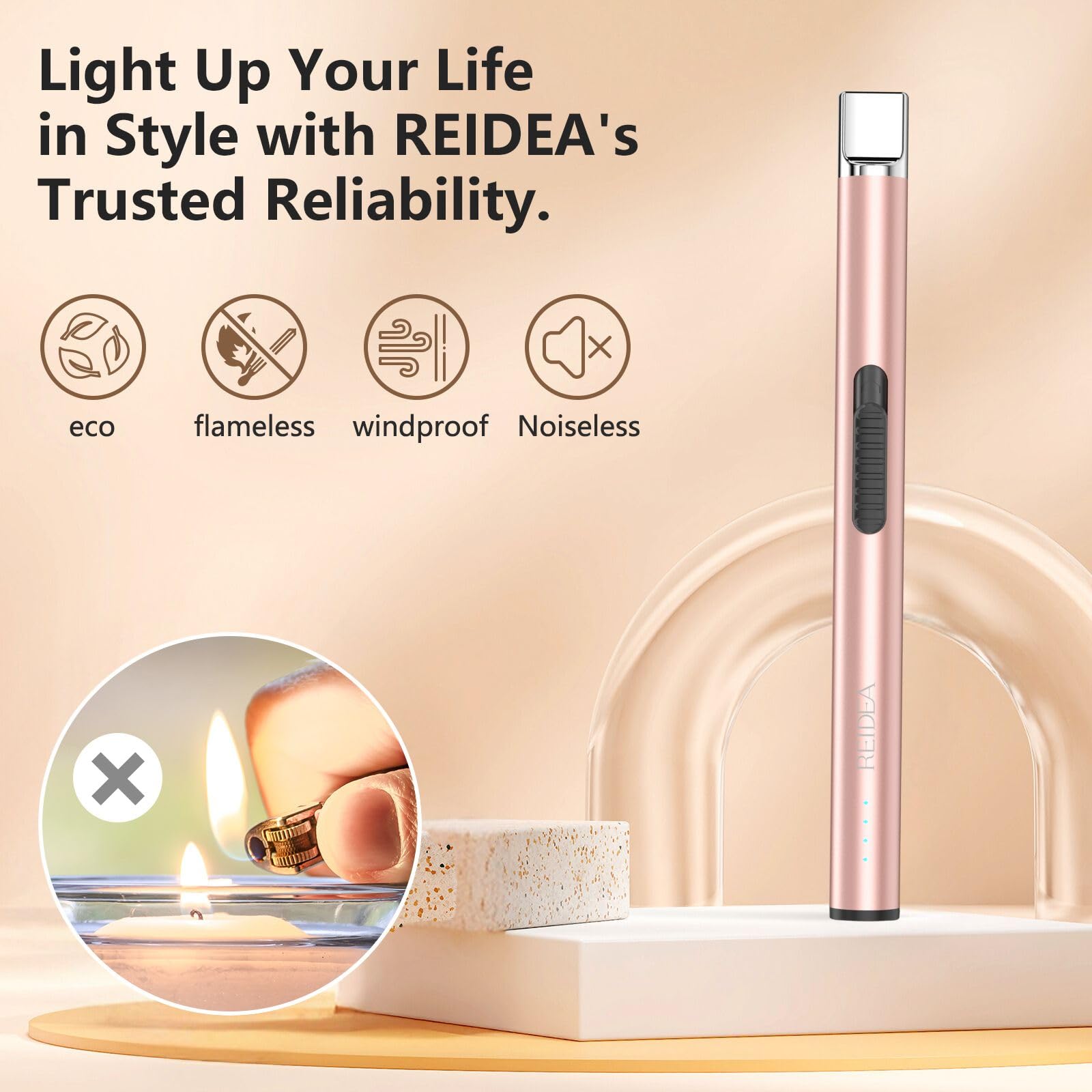 REIDEA Candle Lighter Rose Gold, Long USB Rechargeable Electronic - REIDEA Official Product View 7