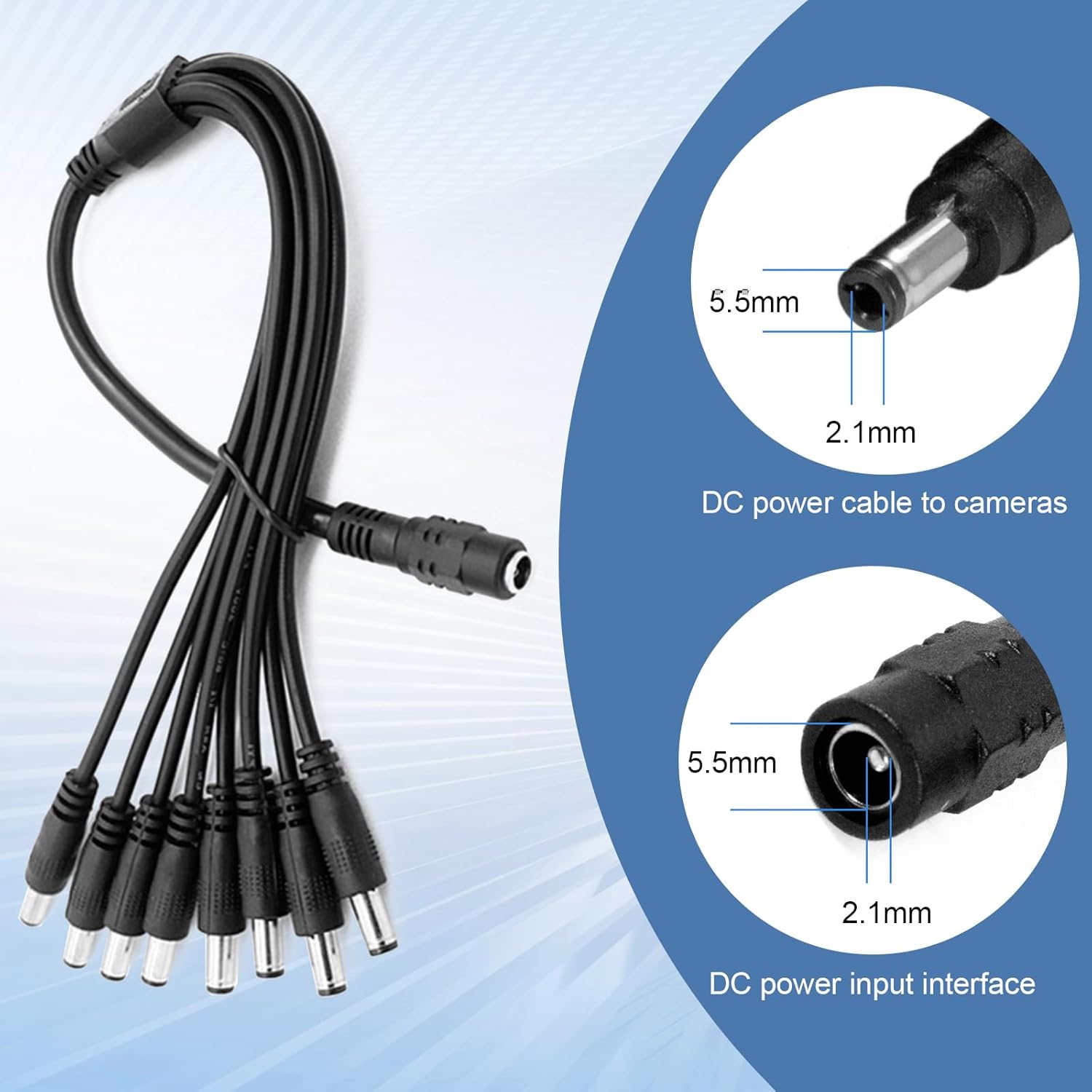 HOAYVKJ 12V 5A security camera power supply adapter with 8-way splitter cable and 100-240V AC/DC converter for surveillance systems.