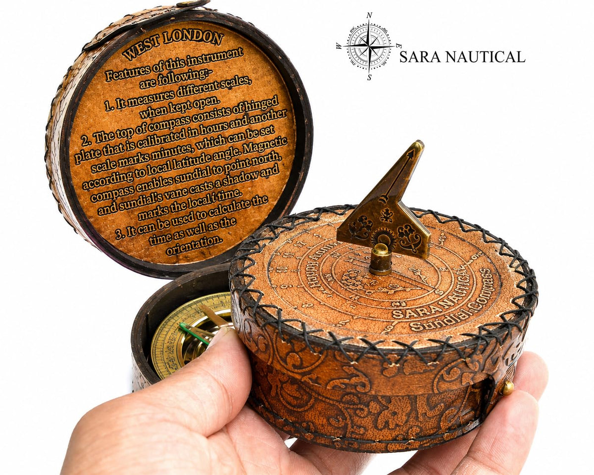 SARA NAUTICAL Antique Brass Sundial Compass Sundial Clock in - SARA NAUTICAL Official Imagery - 5