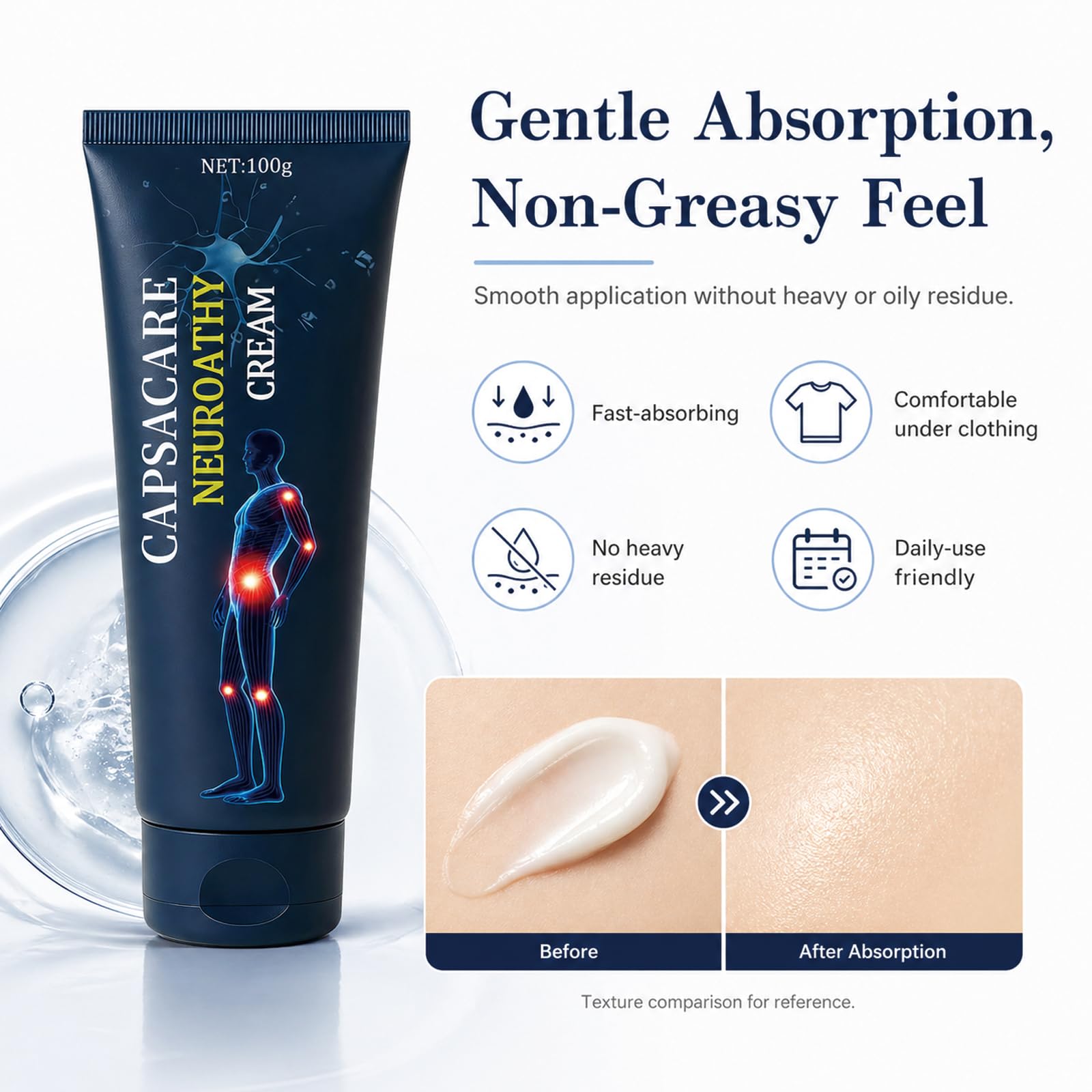 Capsacare Neuropathy Relief Cream with capsaicin and arnica, 100g, shown in a tube for pain relief and nerve discomfort.