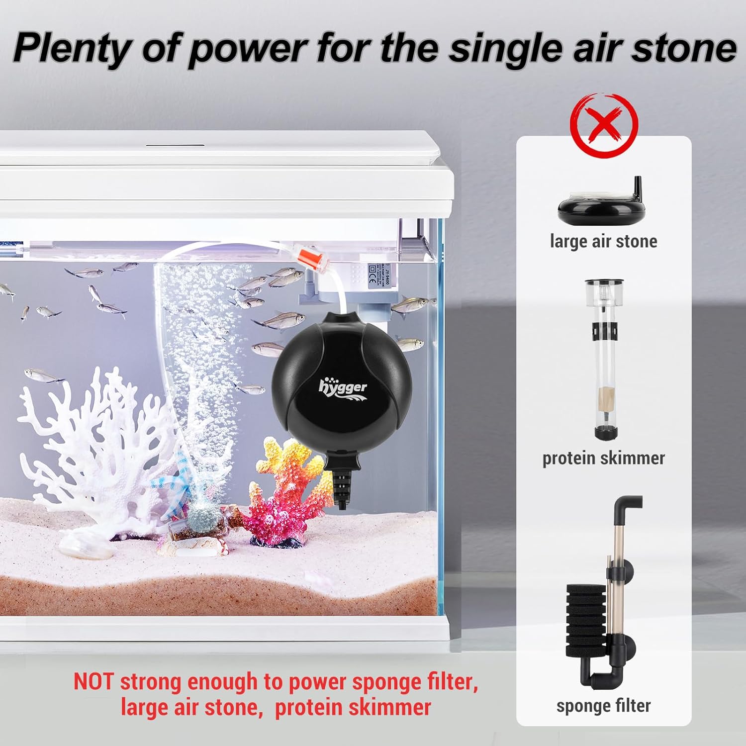 hygger quiet mini air pump for aquariums, 1.5W fish oxygen pump with air stone and tubing, black compact design for 1-15 gallon tanks