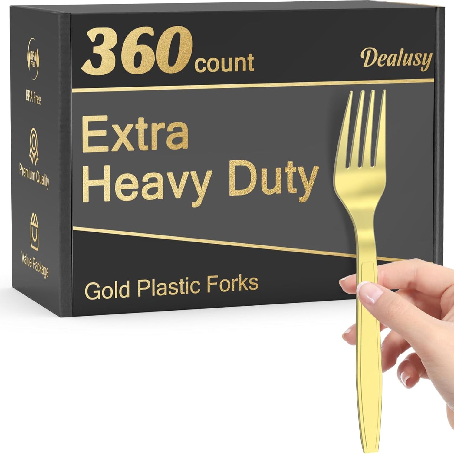 Dealusy 360-pack of extra heavy-duty gold plastic forks, BPA-free disposable cutlery for parties and events.