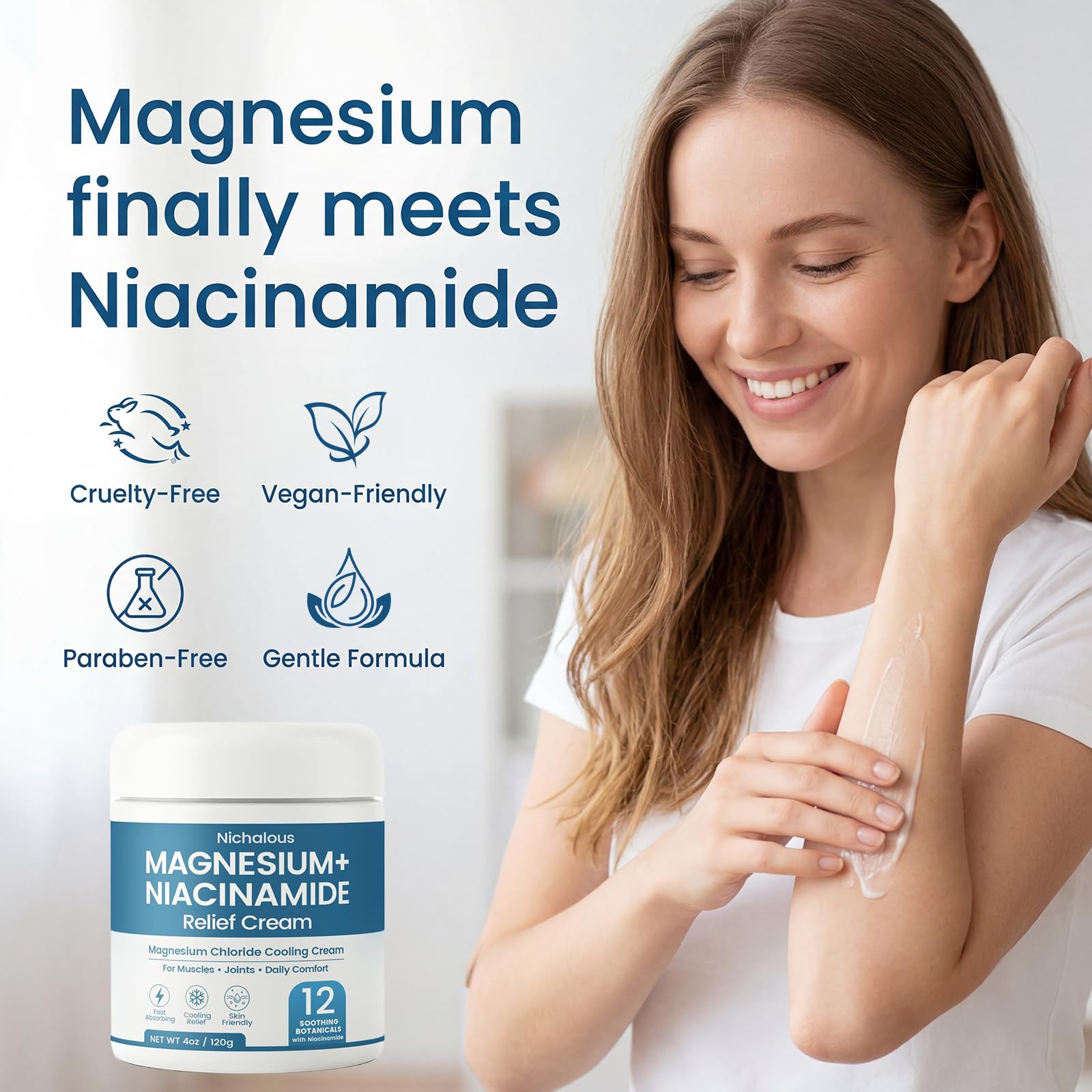 Nichalous Magnesium and Niacinamide Relief Cream in a 4 oz container, mineral supplement for skin soothing and nourishment.