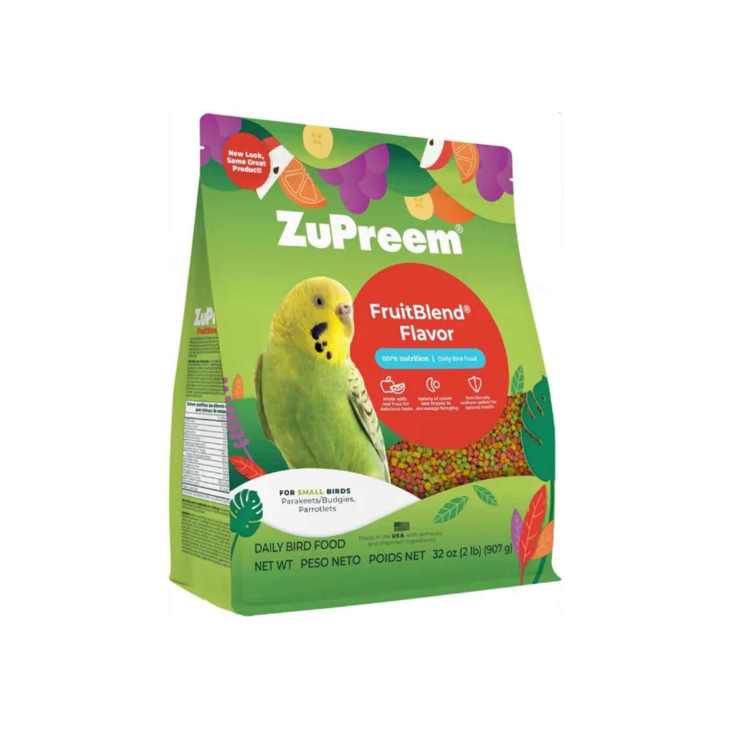 ZuPreem FruitBlend bird pellets for parakeets, budgies, and parrotlets in a 71oz bag, natural daily bird food with colorful fruit shapes.