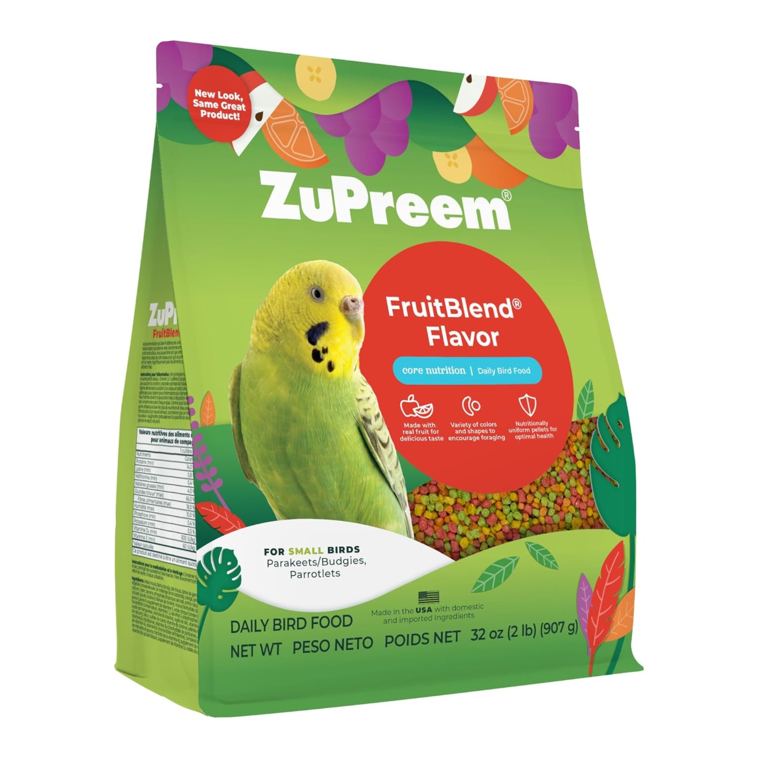 ZuPreem FruitBlend Flavor bird food package with a parrot illustration on a green background