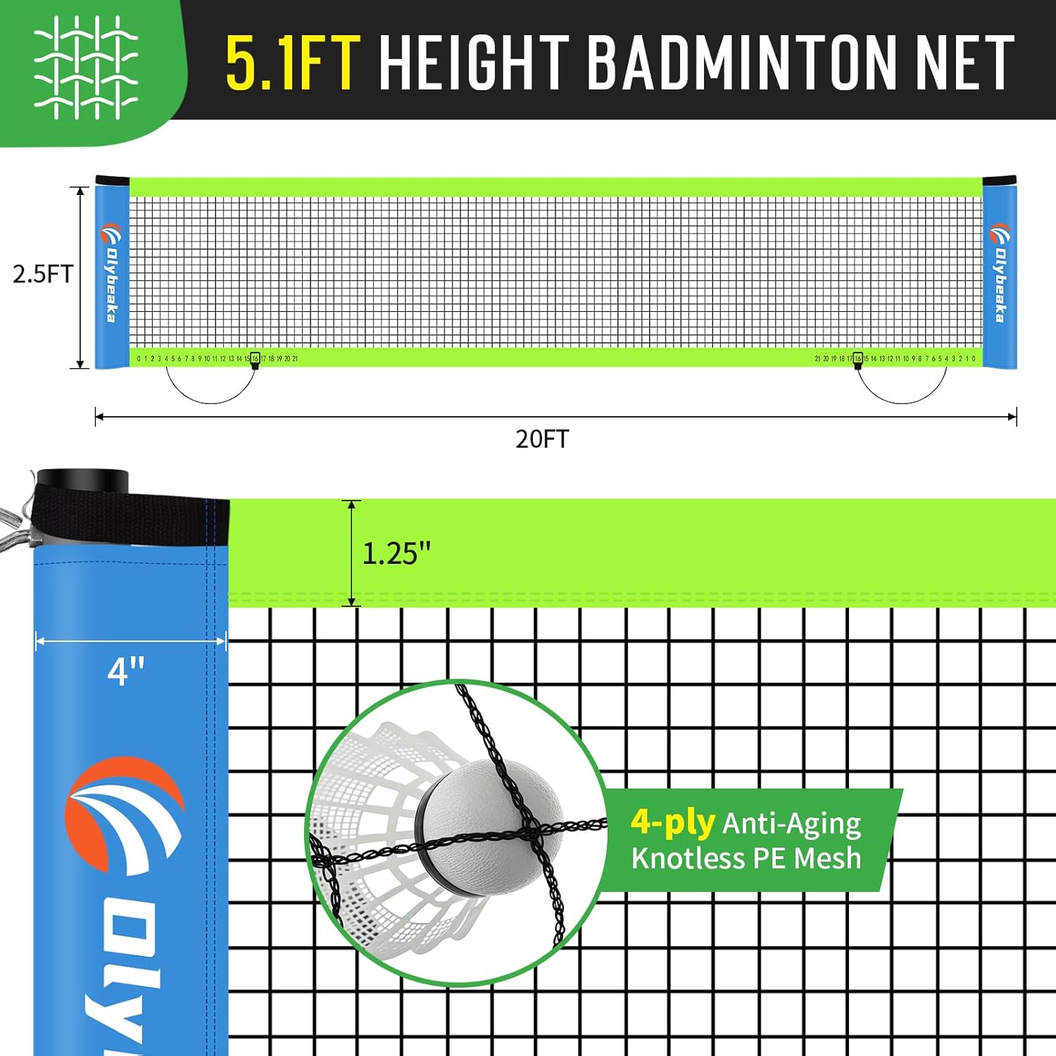 Olybeaka outdoor badminton net set for backyard and beach, includes net, poles, and shuttlecocks for family games