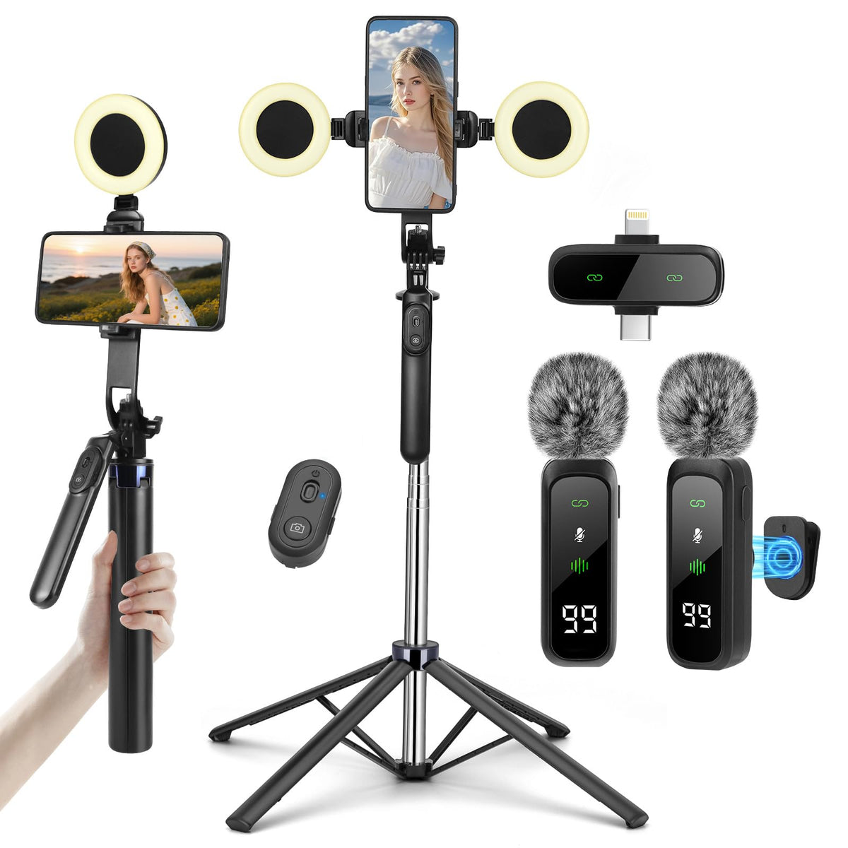 Content Creator Vlogging Kit 180CM Metal Selfie Stick Tripod - HUGSEE Official Imagery - 2