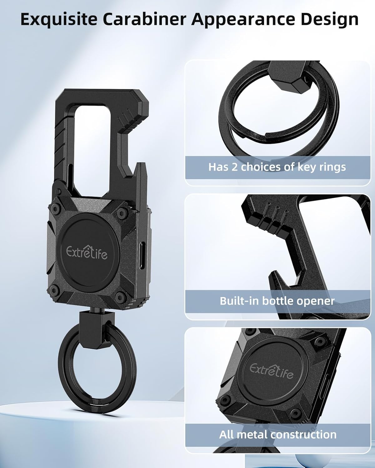 Heavy-duty ExtreLife keychain with bottle opener and carabiner, compatible with Apple Find My for car and house keys.