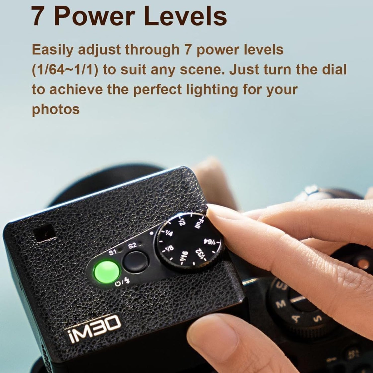 Godox iM30 Mini Camera Flash with GN 15, 7 power levels, compact design, and adjustable brightness for photography lighting.