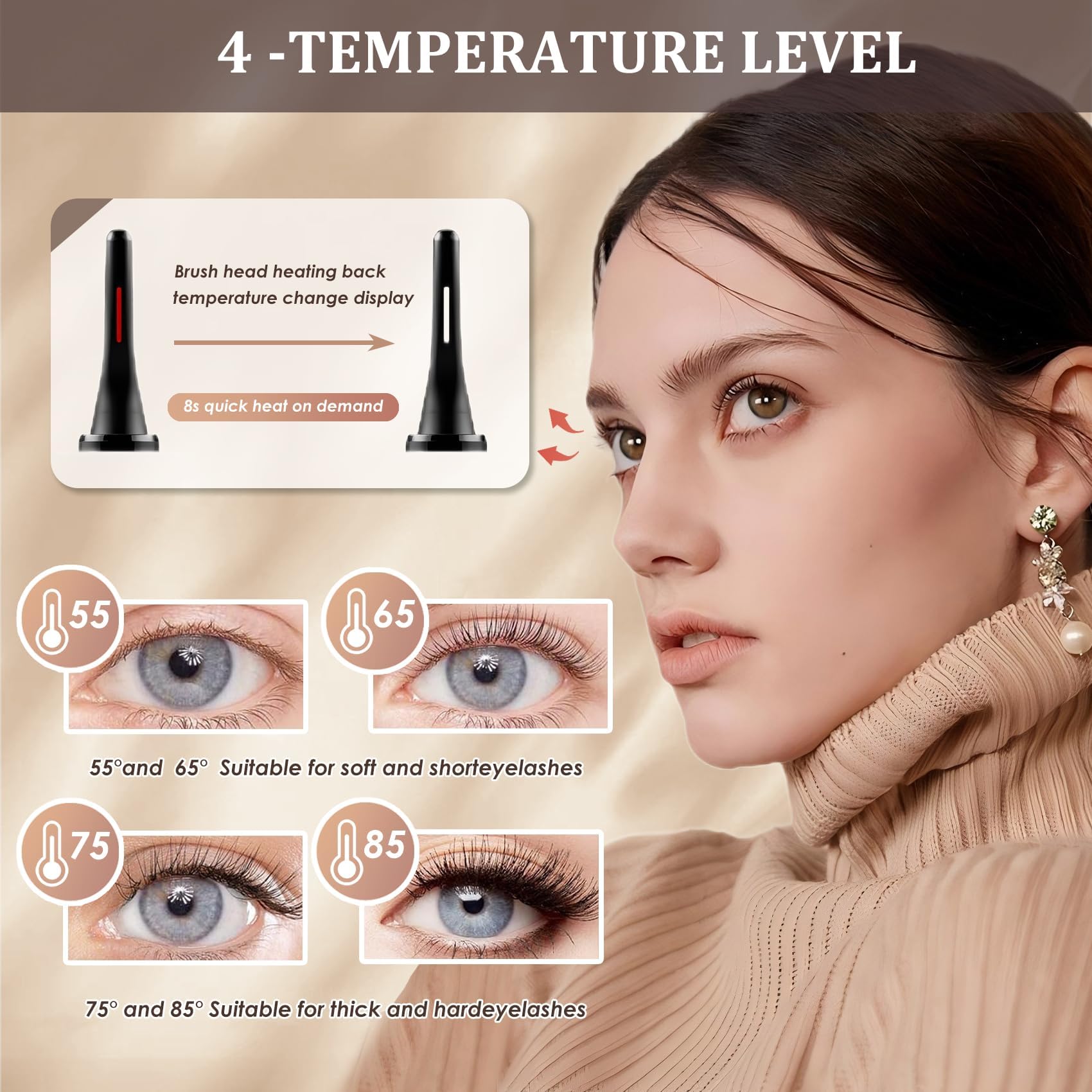 Gacavks electric heated eyelash curler in black with LED display, USB rechargeable, 4 heat modes, fast 10s heat-up, long-lasting hold