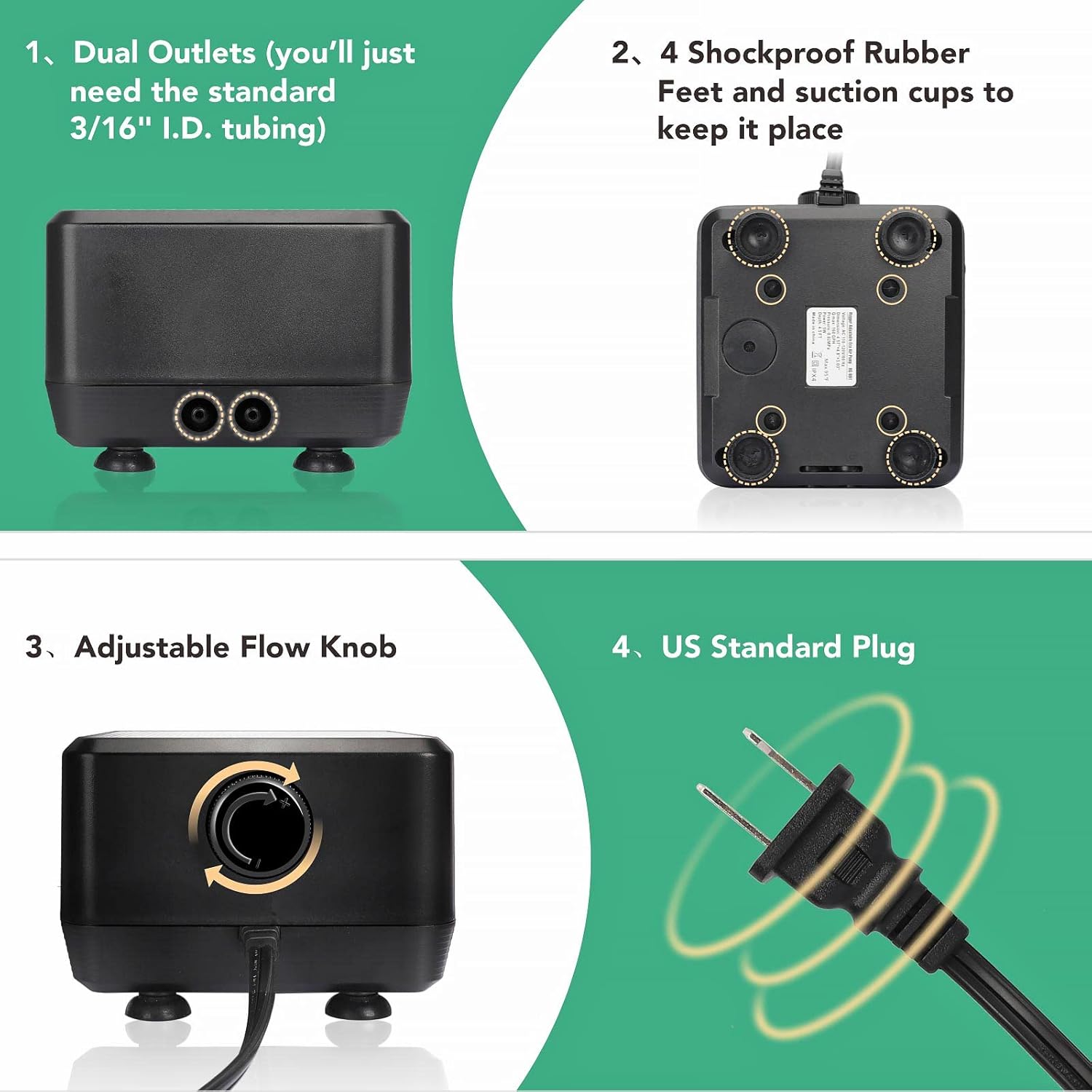 hygger 5W ultra-quiet aquarium air pump with adjustable oxygen aerator and dual outlets for fish tank aeration.