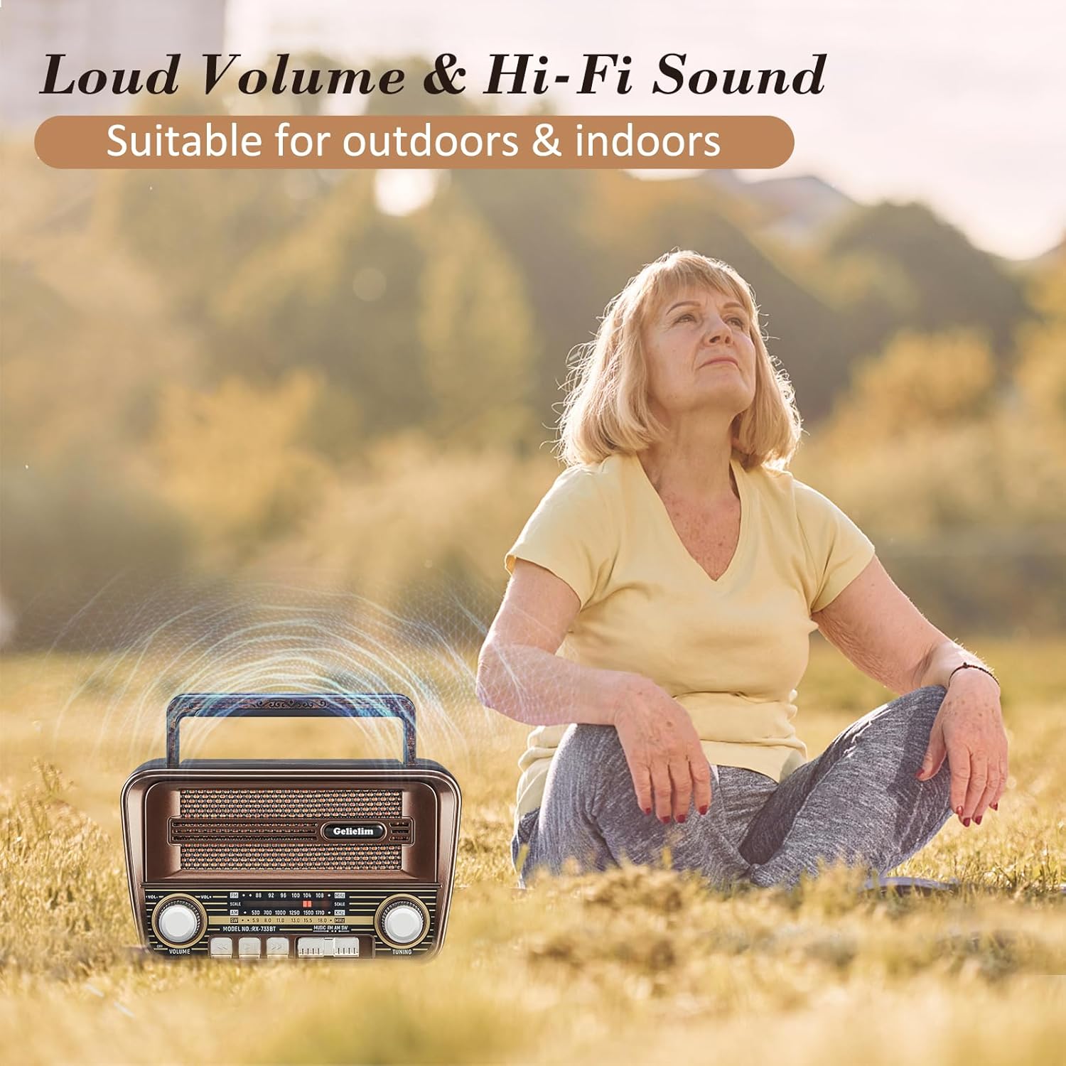 Gelielim portable vintage AM/FM radio with Bluetooth 5.3, shortwave capability, featuring a retro design and digital display.