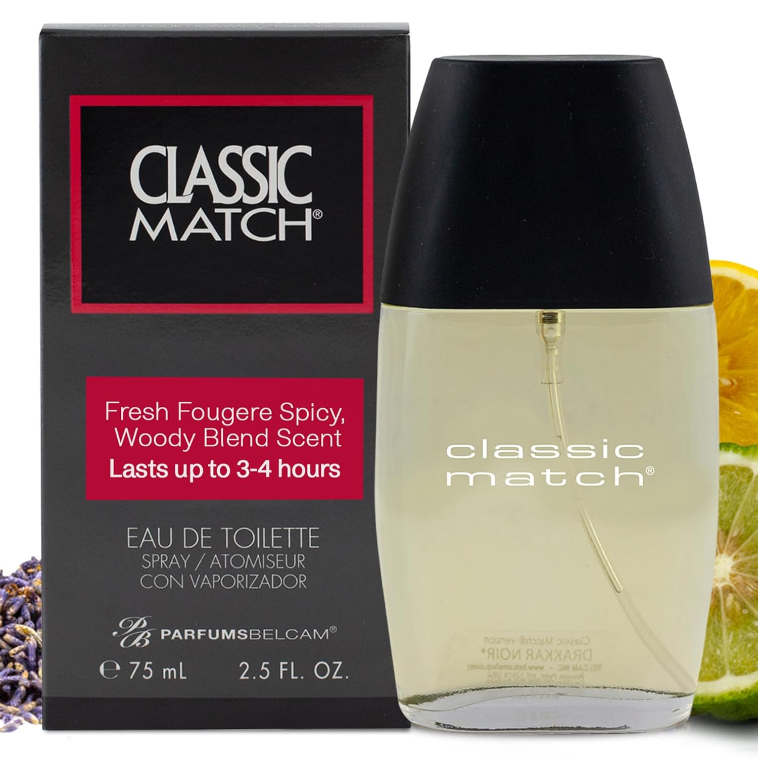PB ParfumsBelcam CM Noir Eau De Toilette for Men, fresh fougere cologne with sleek spray bottle and dark packaging.