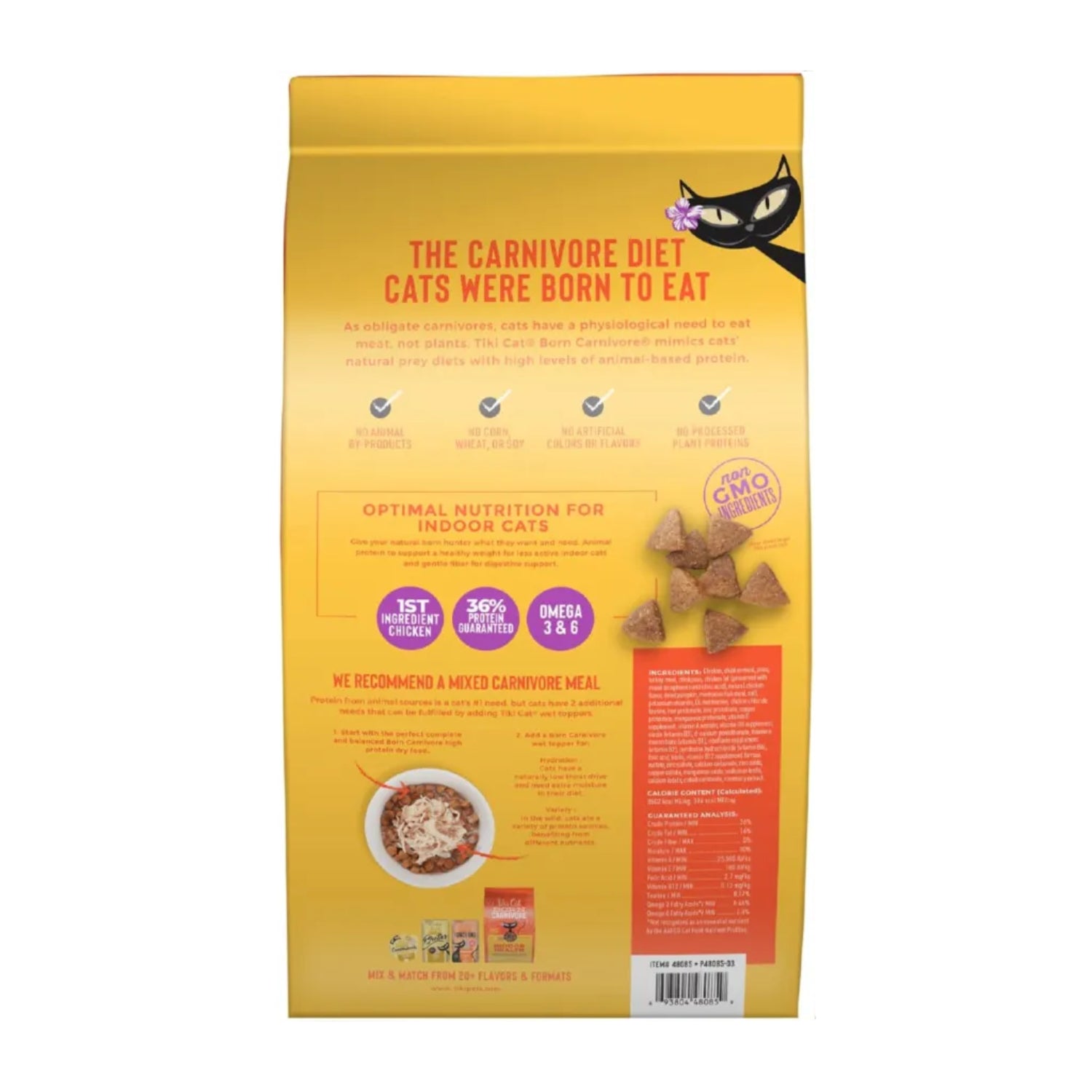 Tiki Cat Born Carnivore indoor dry cat food bag with chicken and turkey meal, 6 lbs, from TIKI PETS, showing the packaging.