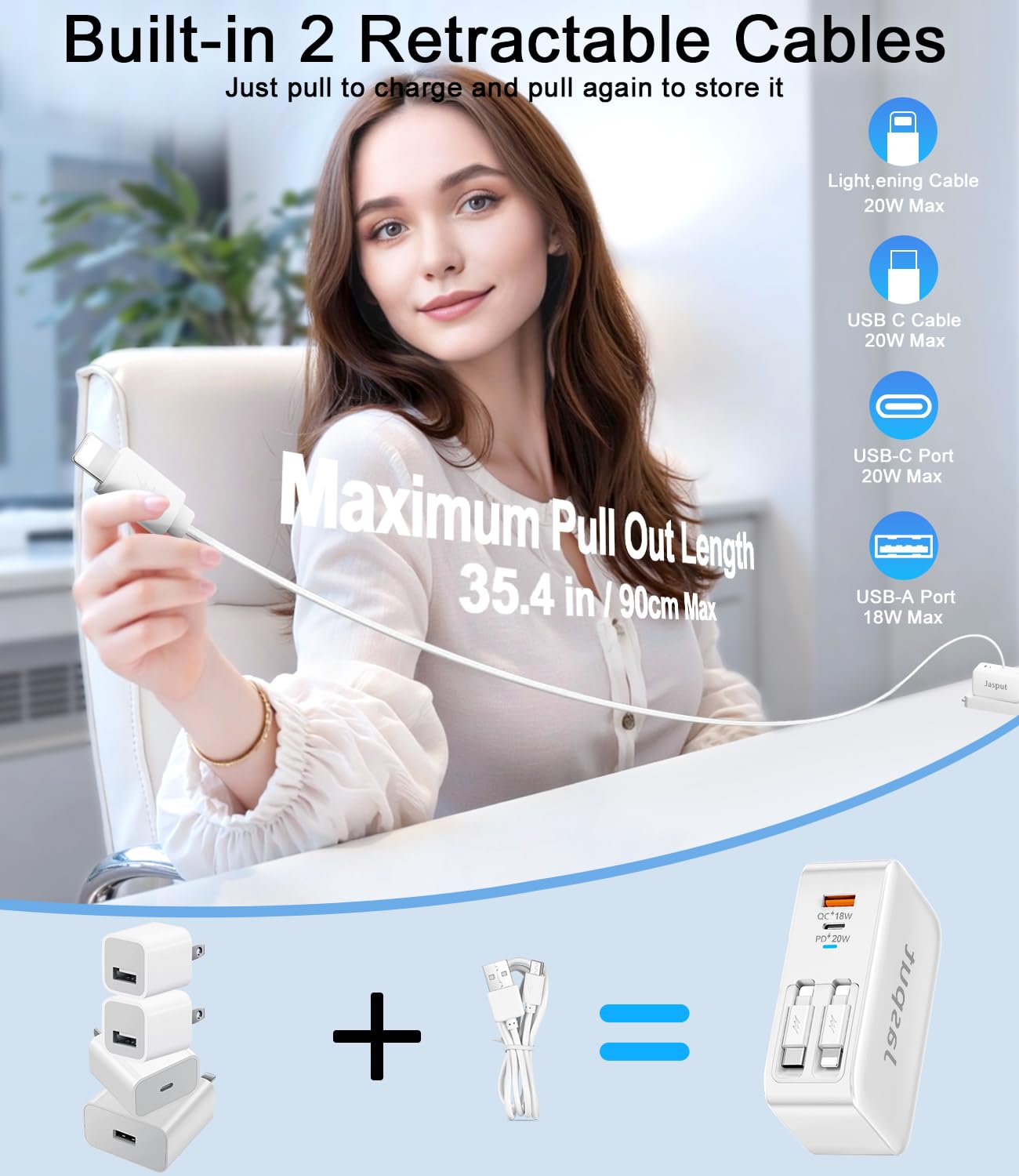 Jasput 4 in 1 Retractable Wall Charger,40W Retractable Phone Charger Wall Plug - Jasput Official Product View 2