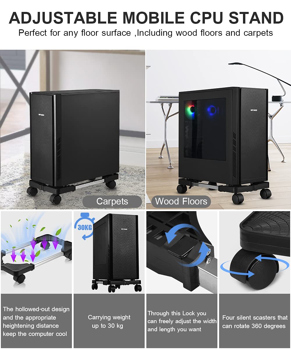 Black YOSE adjustable computer tower stand with rolling casters, designed for gaming PC cases and floor carpet stability.