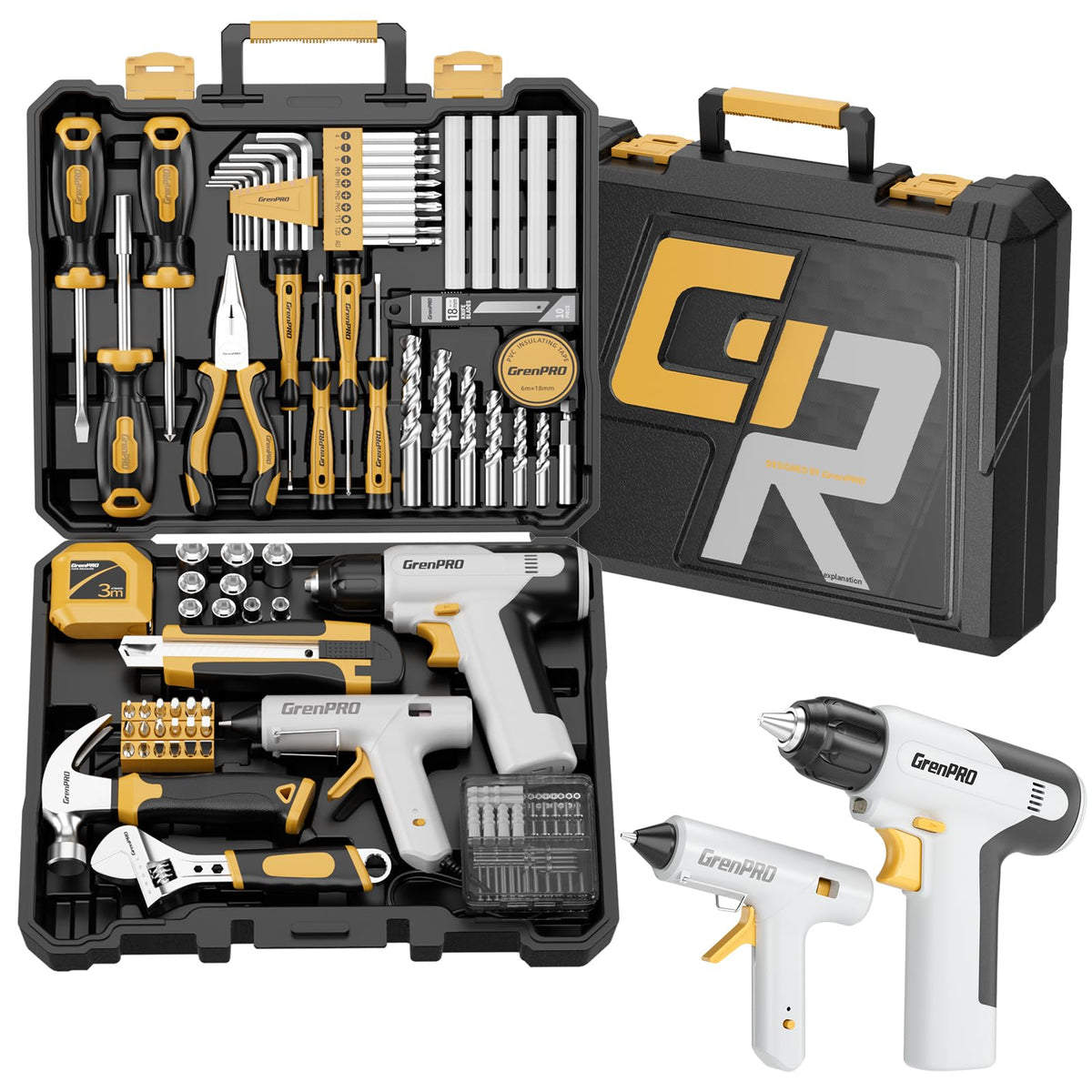 188PCS Yellow Cordless Drill Tool Set For Men Tool Kit For - GRENPRO Official Imagery - 1