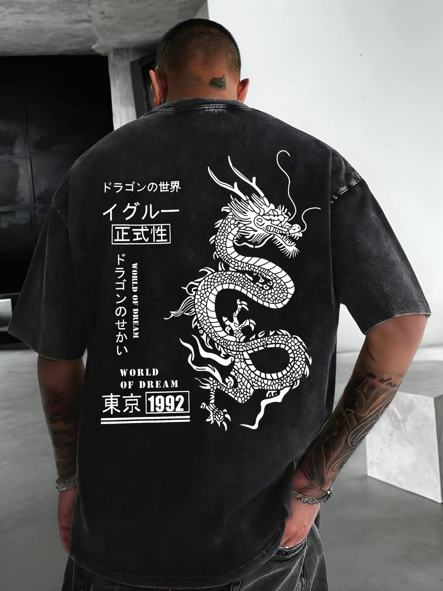 UOUA Men's Graphic Tees Washed Oversized Short Sleeve T-Shirts - UOUA Official Product View 3