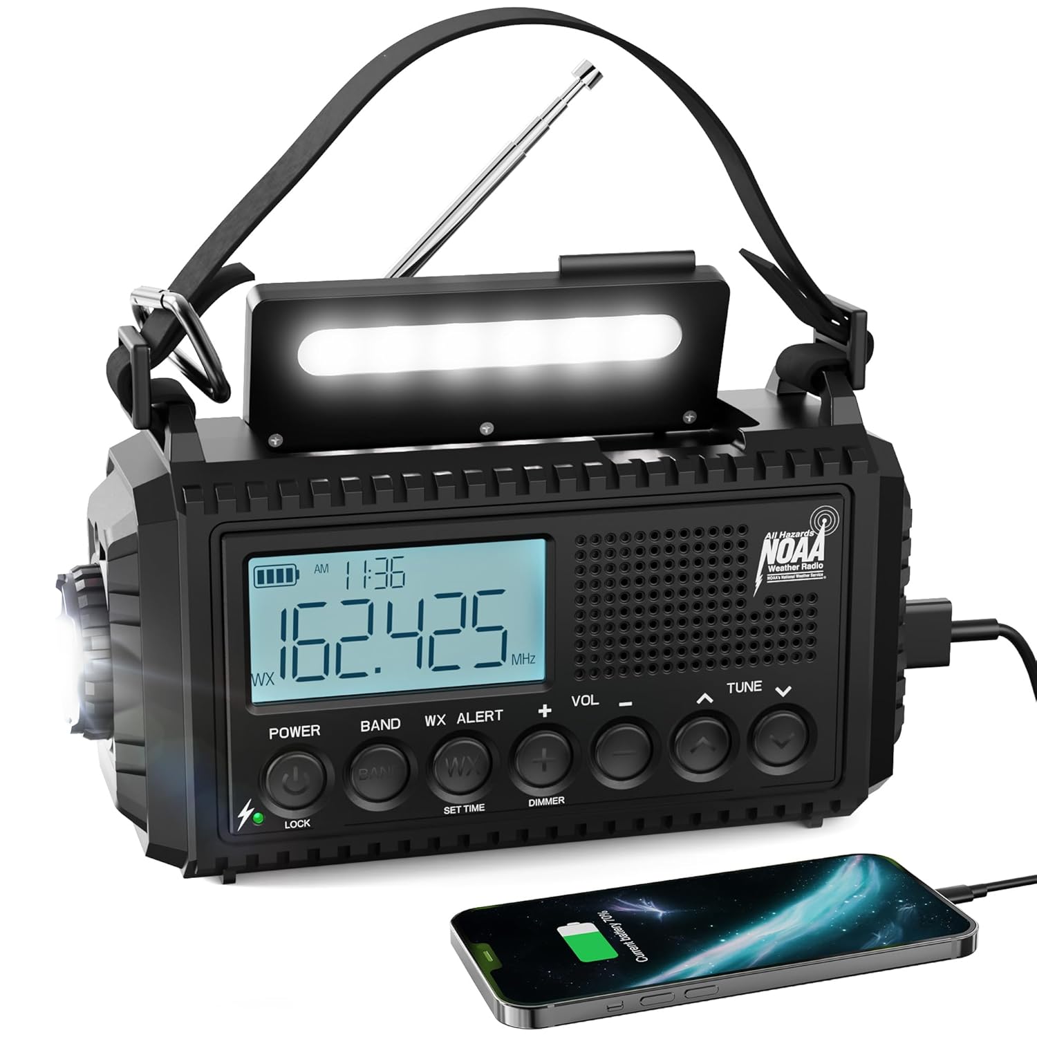 Raynic NOAA weather radio with solar and hand crank power, 5000mAh battery, emergency electronics device.
