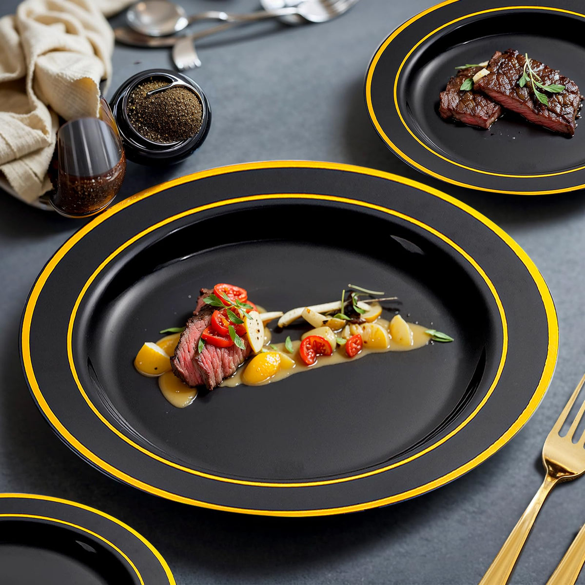 bUCLA 150 Pieces Black and Gold Disposable Dinnerware Set - bUCLA Official Imagery - 5