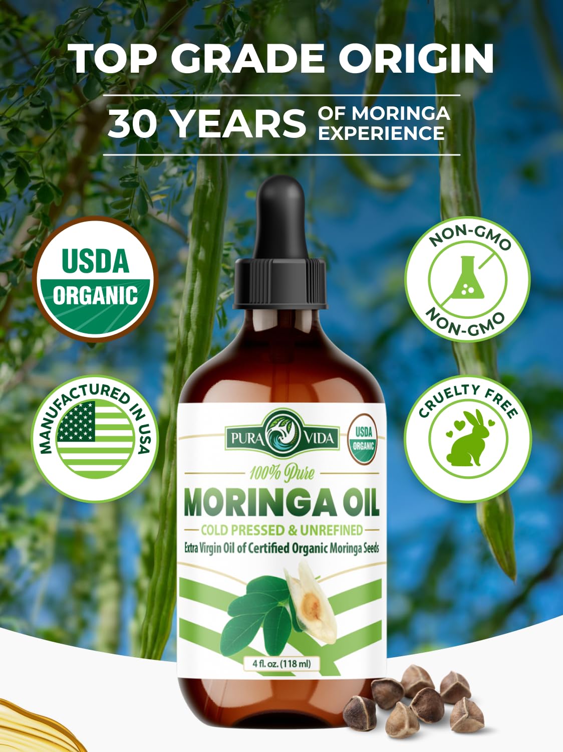 100 Pure Moringa Oil Organic for Face Hair Nails and Dry - PURA VIDA MORINGA Official Imagery - 4
