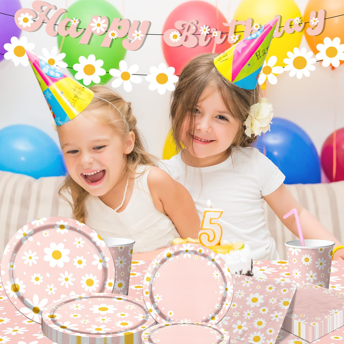 142PCS Daisy Birthday Party Tableware Set Pink Groovy Daisy - Bezkega Official Imagery - 3