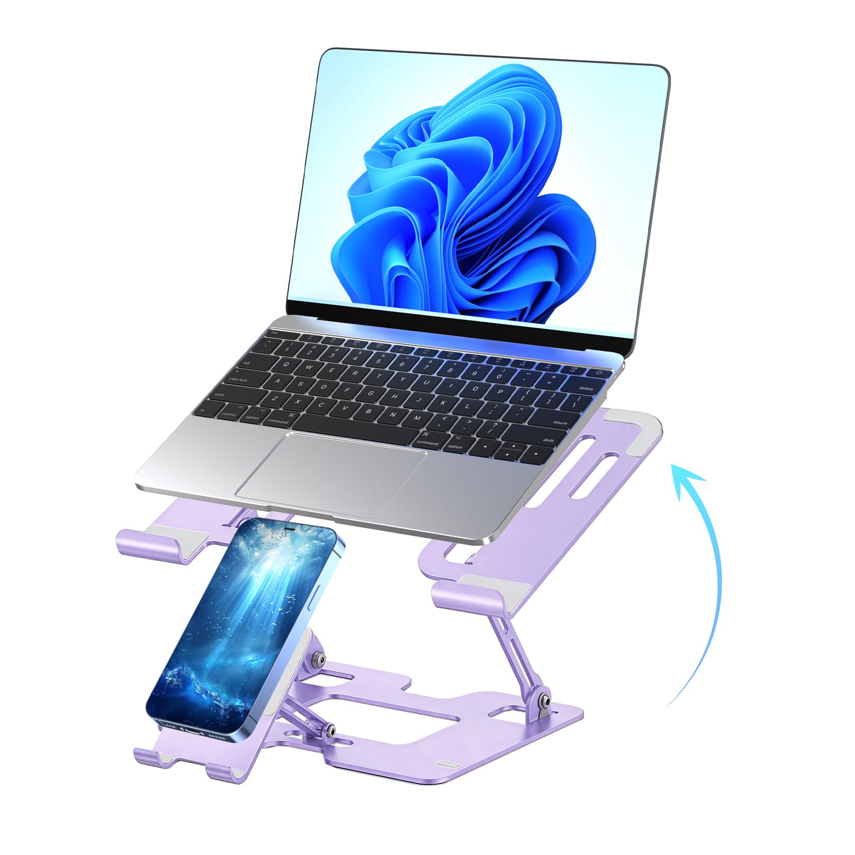Lajou purple 2-in-1 ergonomic portable laptop and phone stand with adjustable riser for desks, sturdy and fits all devices