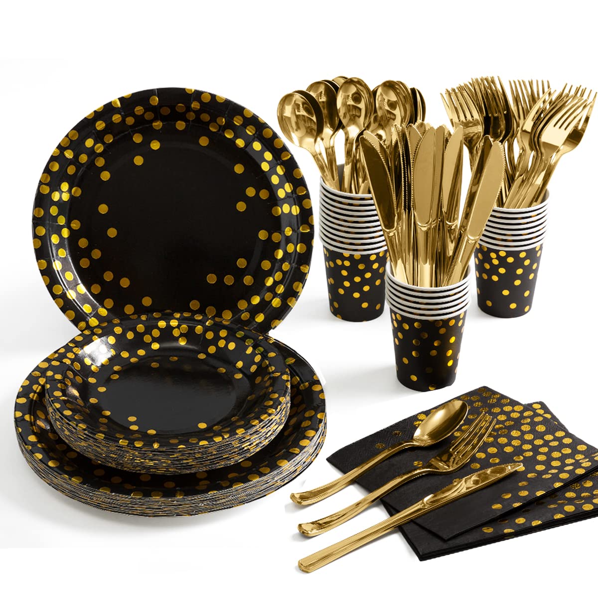 HOMIX Black and Gold Party Supplies 175 Pieces Disposable - HOMIX Official Imagery - 1