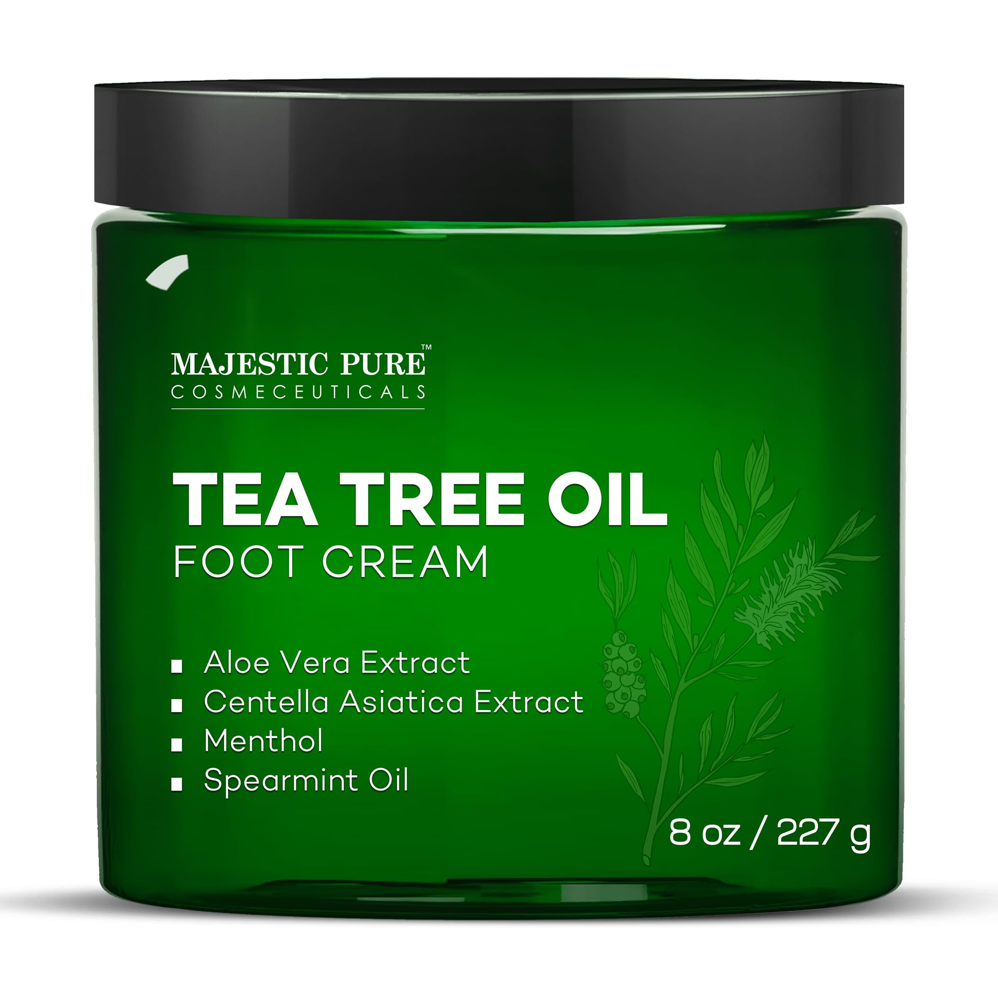 Majestic Pure Tea Tree Oil Foot Cream in an 8 oz jar, showing the creamy texture and tea tree oil ingredients.