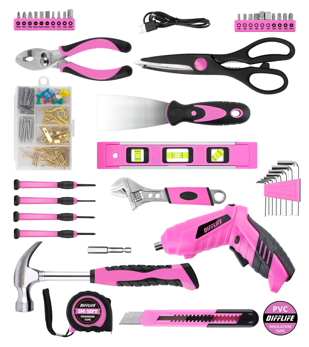 143 Piece Pink Tool Set Home Repair Kit with Power - DIFFLIFE KINETIX Official Imagery - 3