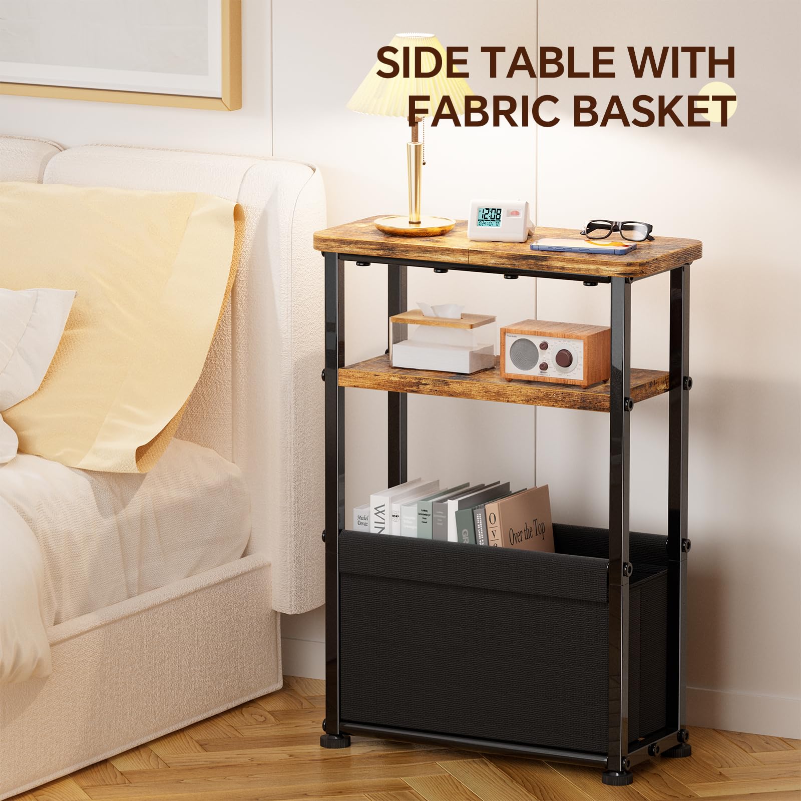 Simple Trending Side Table, 3-Tier Modern End Table with Fabric Basket - View 3