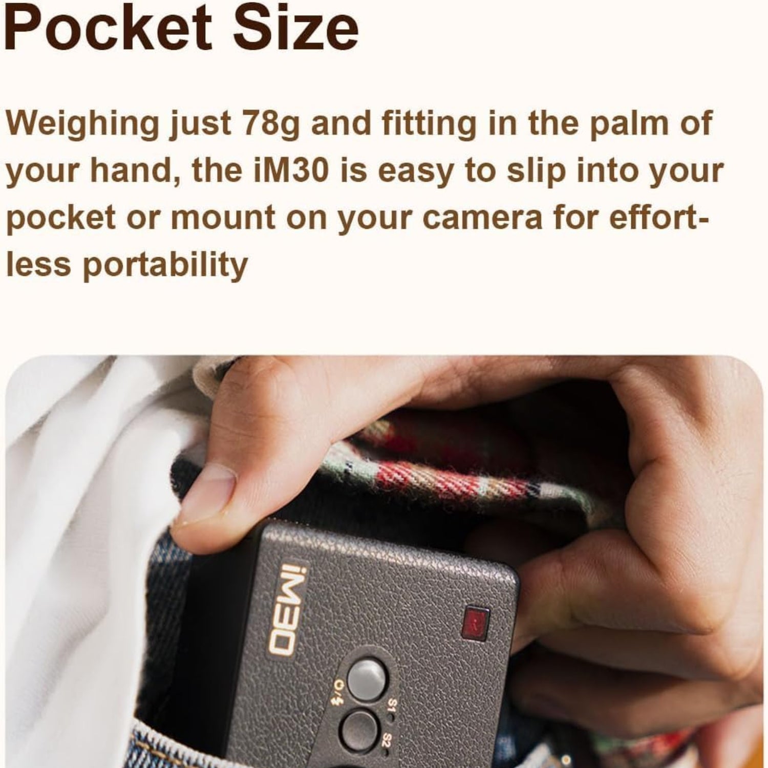 Godox iM30 Mini Camera Flash with GN 15, 7 power levels, compact design, suitable for photography and portrait lighting.