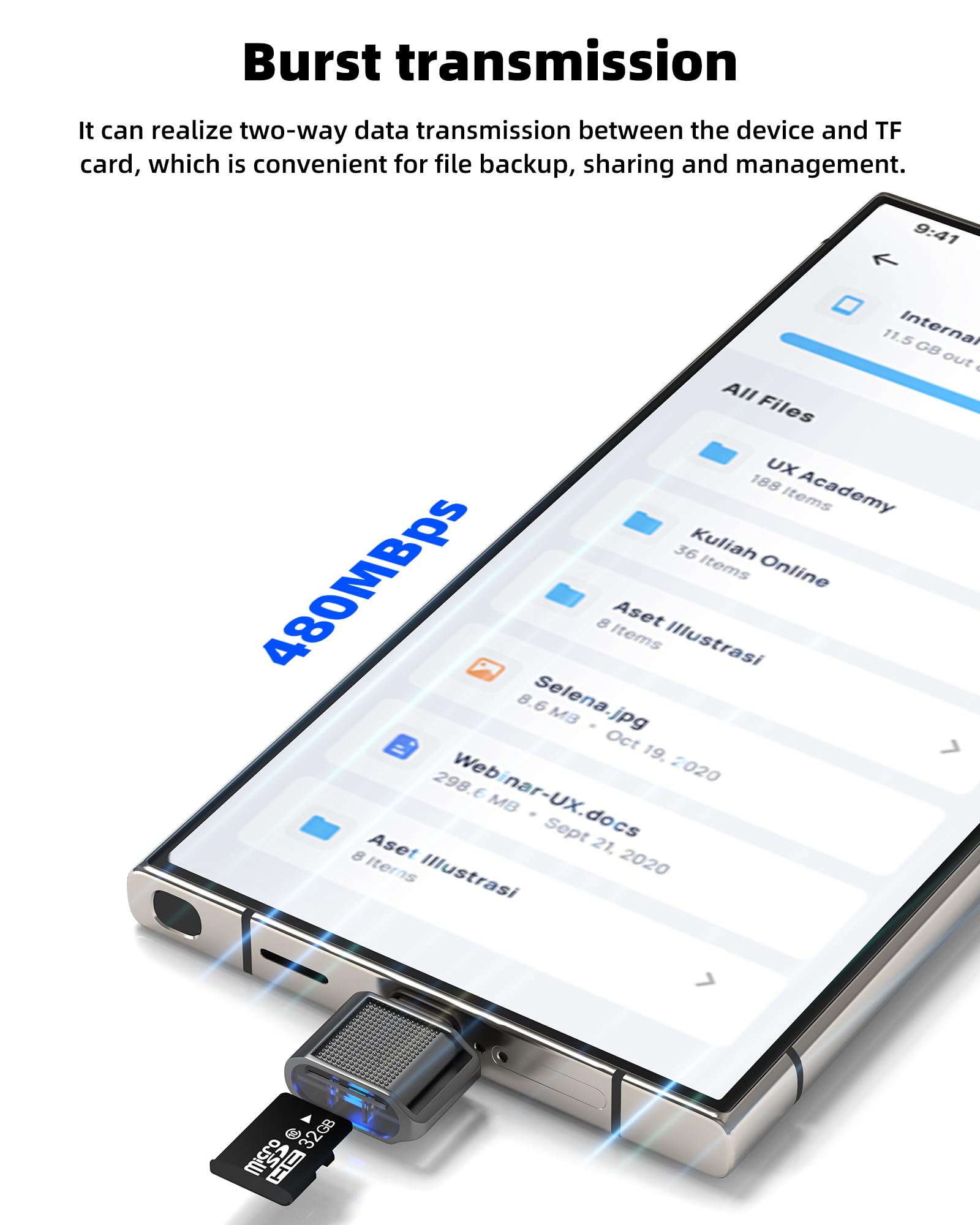 Aksenli Micro SD card reader adapter for iPhone and Android devices, USB-C to TF card slot, compact digital camera memory converter