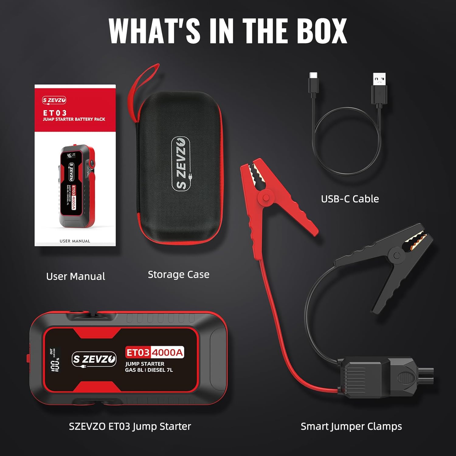 S ZEVZO ET03 car jump starter with 4000A capacity and battery pack for vehicles up to 8.0L engine size.