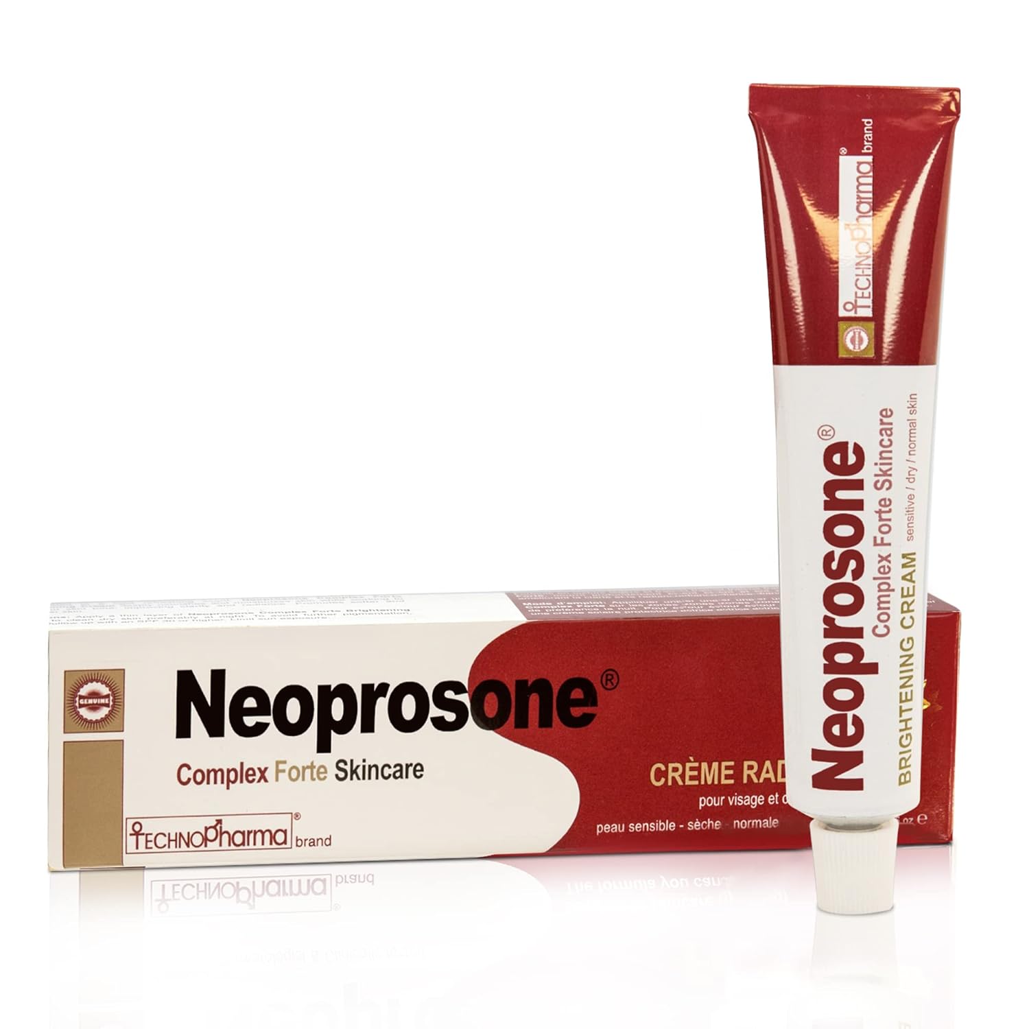 Neoprosone skin brightening cream in a 50ml jar, showing the product label and smooth cream texture for fading dark spots.