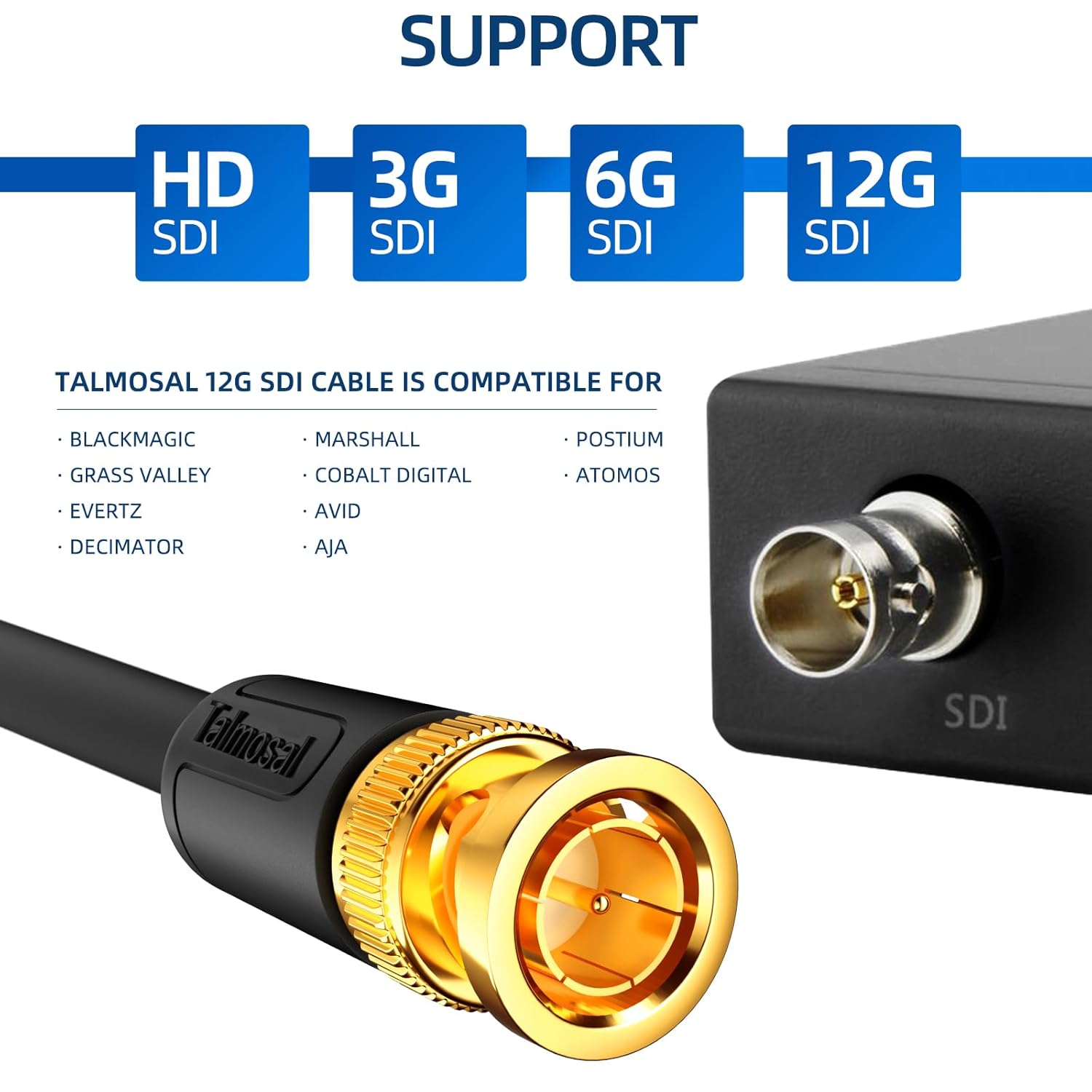 Talmosal 12G SDI coax cable, 50 ft RG11 BNC connector, supports 4K, 8K, HD-SDI, 3G-SDI, 6G-SDI, 12G-SDI video transmission