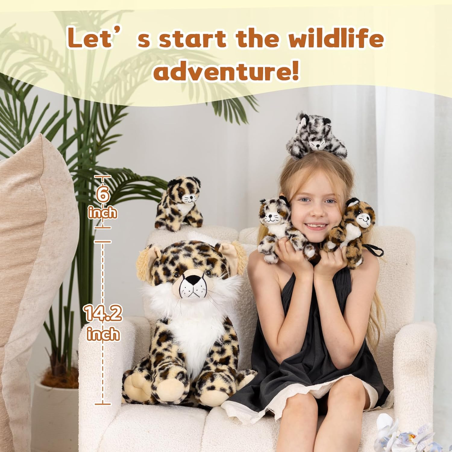 MorisMos 5-piece cheetah stuffed animal set with a 14-inch cheetah mommy and four baby cheetahs, plush and cuddly.