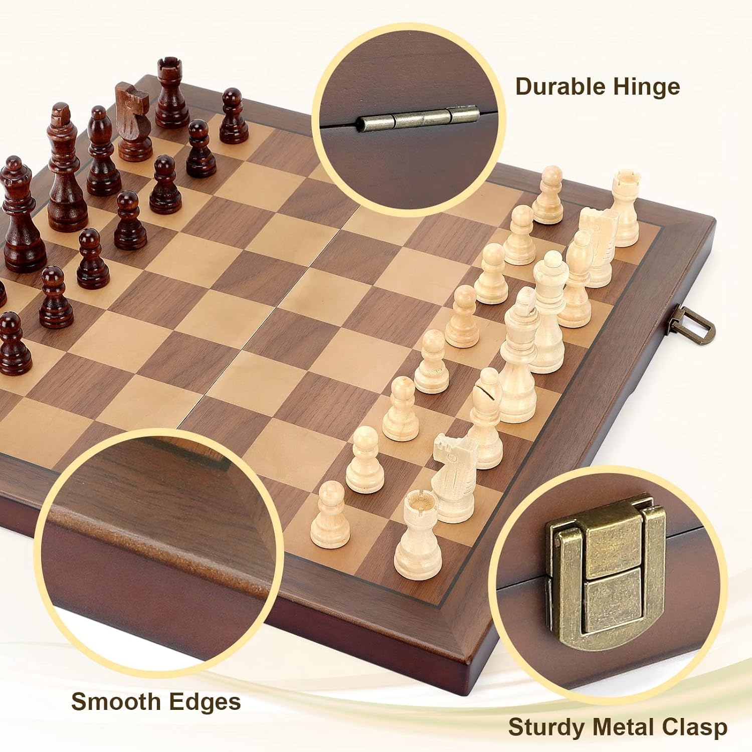 Magnetic wooden chess set for adults and kids with 15-inch chessboard and handmade pieces by Hurdaos.