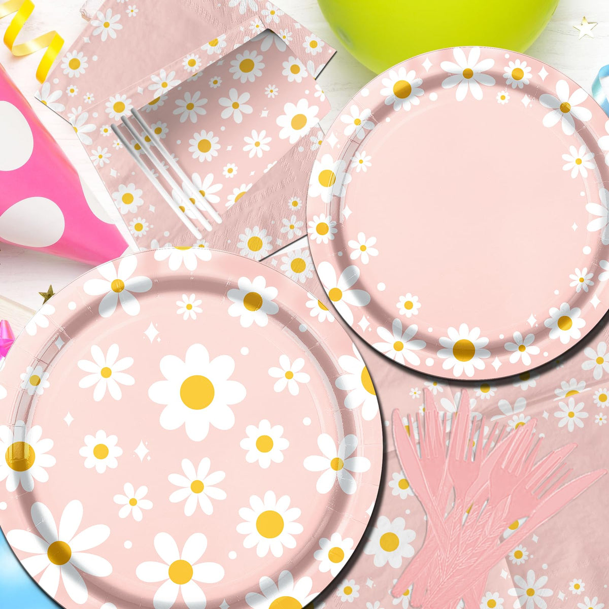 142PCS Daisy Birthday Party Tableware Set Pink Groovy Daisy - Bezkega Official Imagery - 6