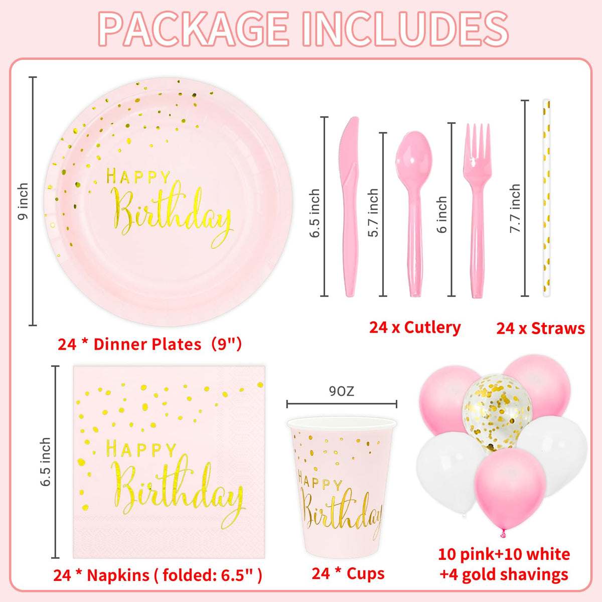 DYLIVeS 192pcs Pink Gold Dots Happy Birthday Party Pack - DYLIVeS Official Imagery - 3