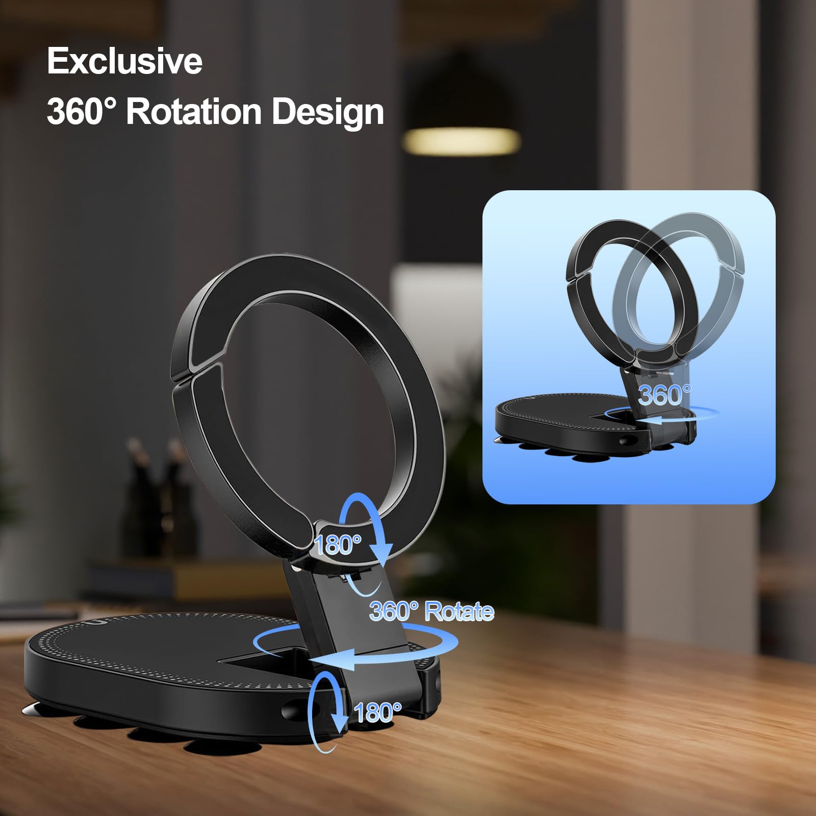 TecChic 3-in-1 magnetic phone stand with adjustable rotatable mount, compatible with iPhone 14-17 series, for car, desk, gym, or kitchen.