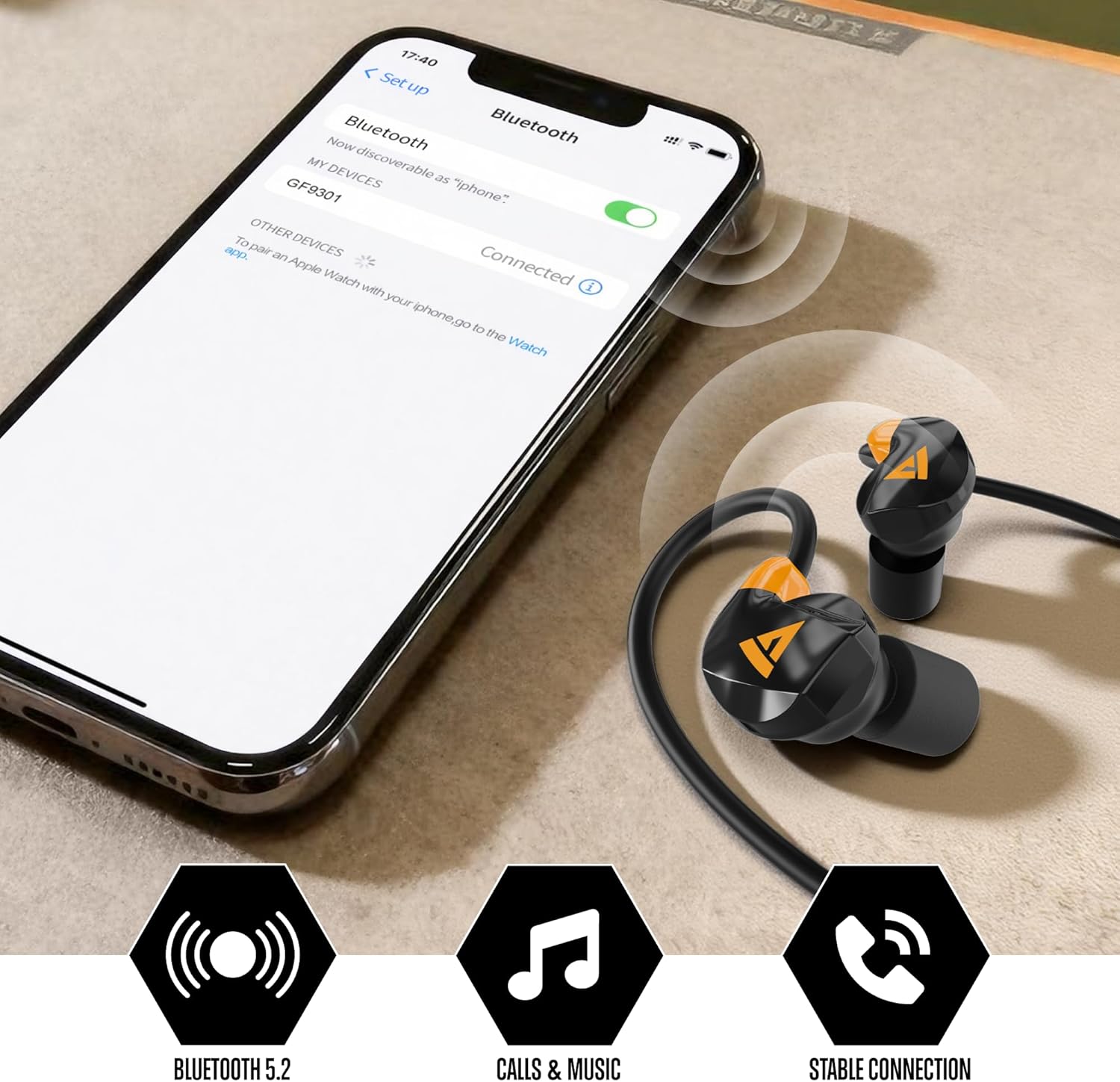 GLORYFIRE Bluetooth shooting ear protection earplugs in black and safety orange with built-in Bluetooth for hearing safety during shooting.