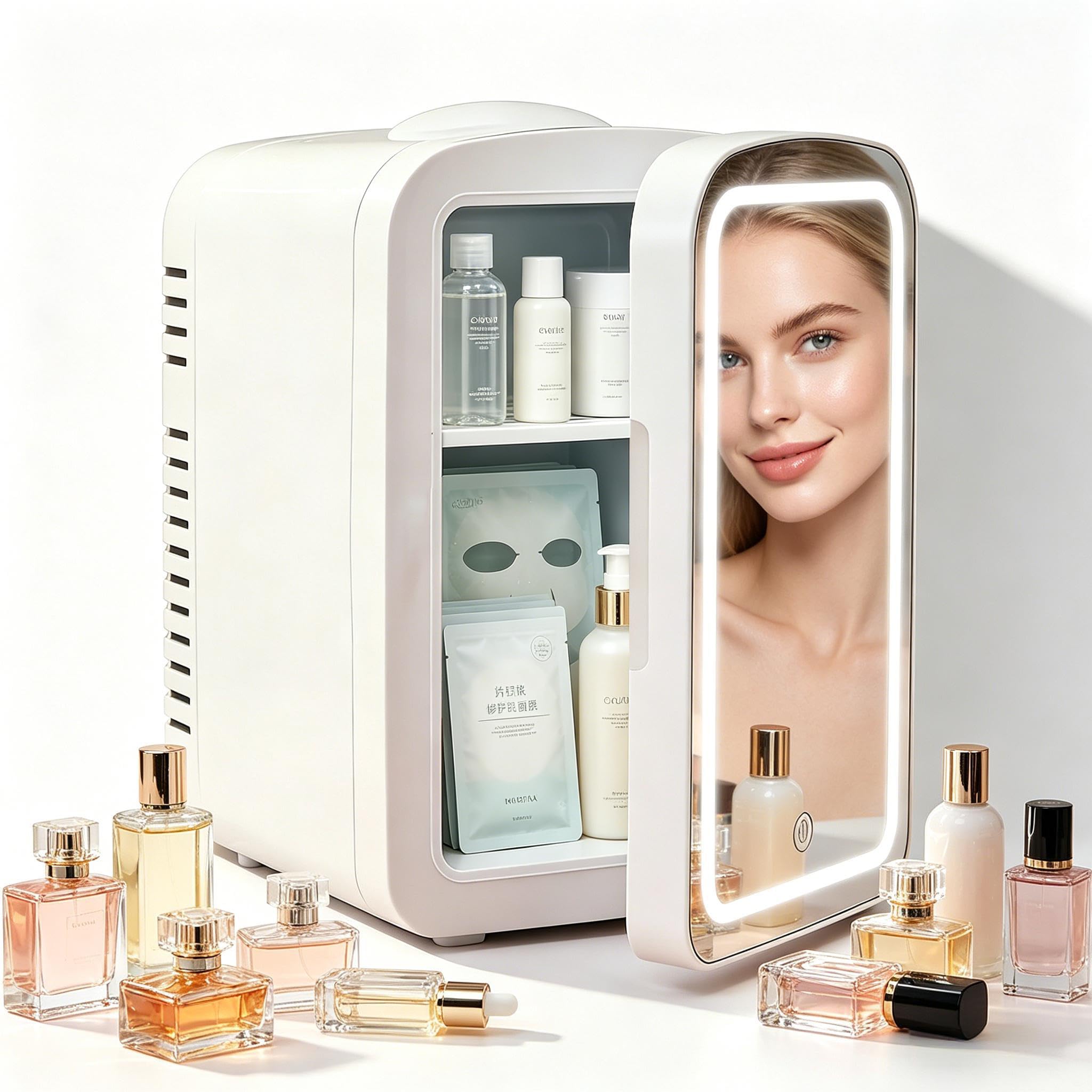 Lispin 4L Mini Skincare Refrigerator with Dimmable LED Mirror, - Product Imagery