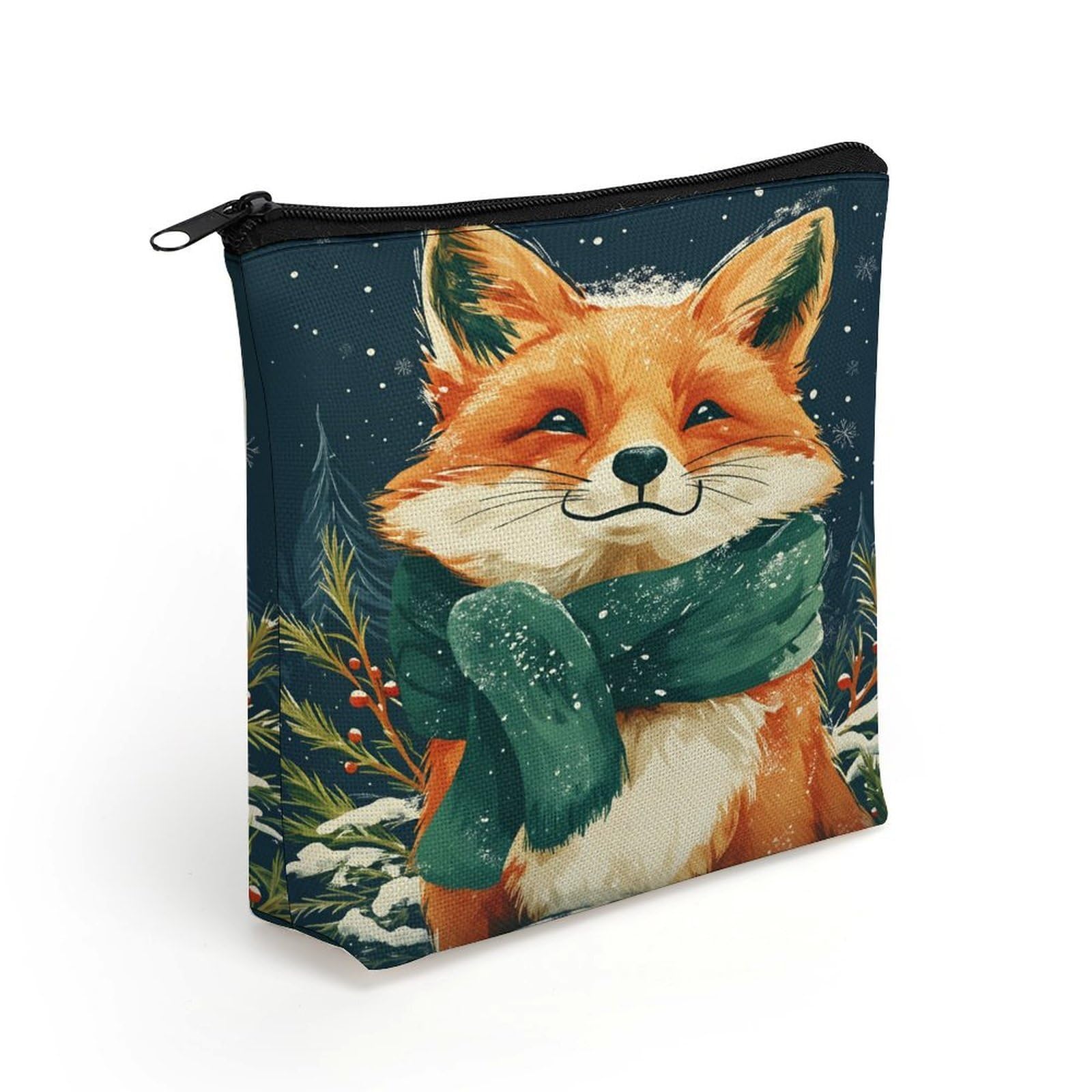 Qfsdijnig Fox Winter Scarf Snowflake Pine Cosmetic Bag Makeup Pouch with Zipper - Travel Linen Makeup Organizer - Portable Vanity Case for Women Girls Teens - Gift Set for Her - Makeup Storage Bag
